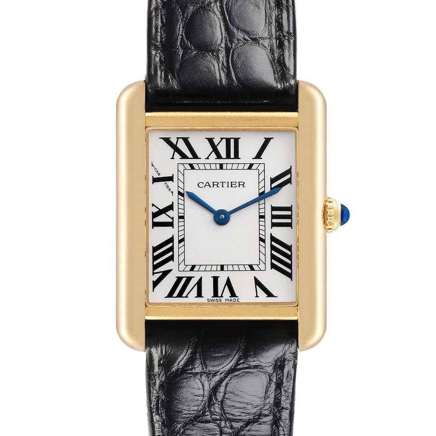 The Cartier Tank Solo watch is shown from the front, highlighting the face, bezel, and black leather strap.