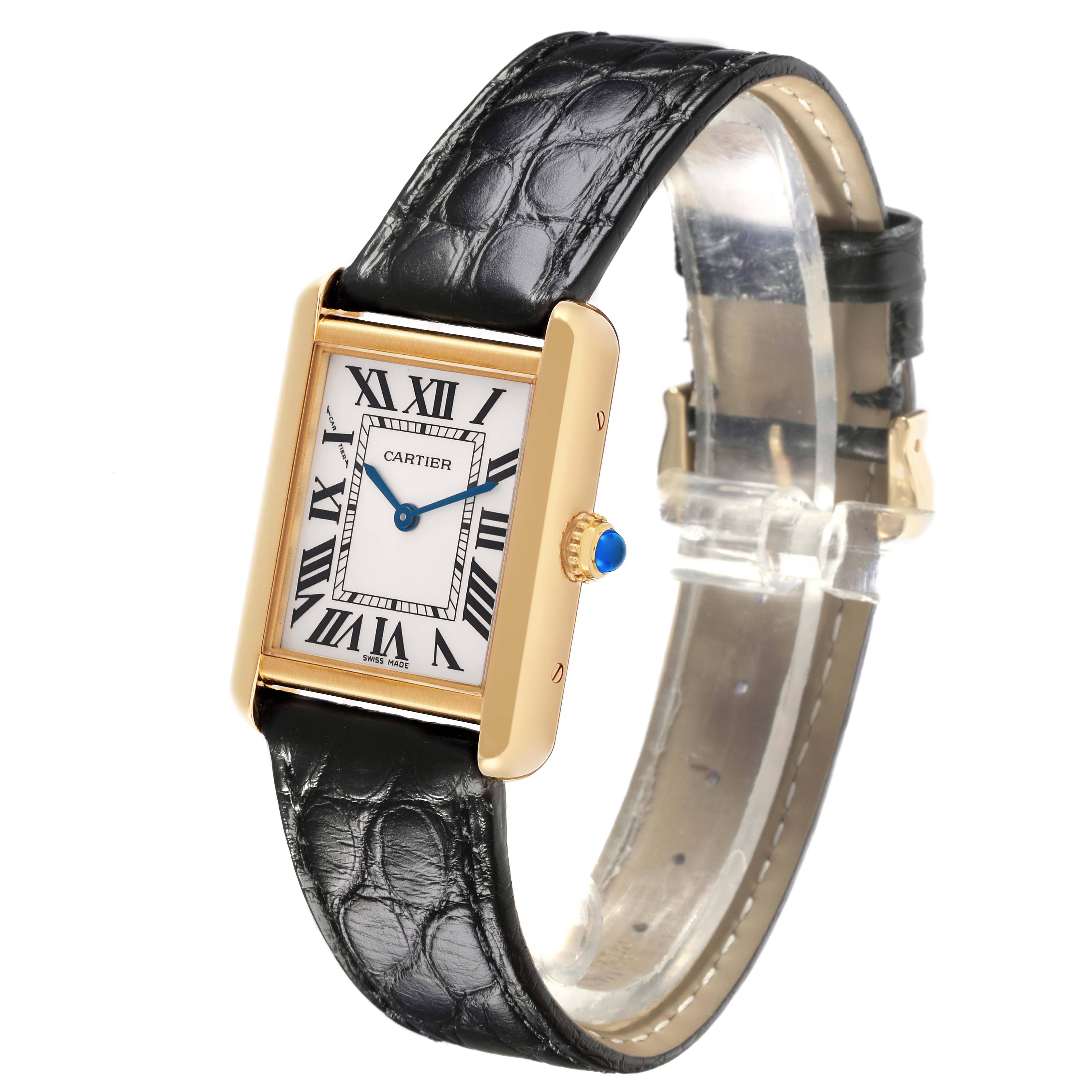 The Cartier Tank Solo W5200002 Women's Steel and Gold (two tone) Silver Dial W5200002 Women's Steel and Gold (two tone) Silver Dial watch is shown at an angle displaying the face, entire strap, and side crown.