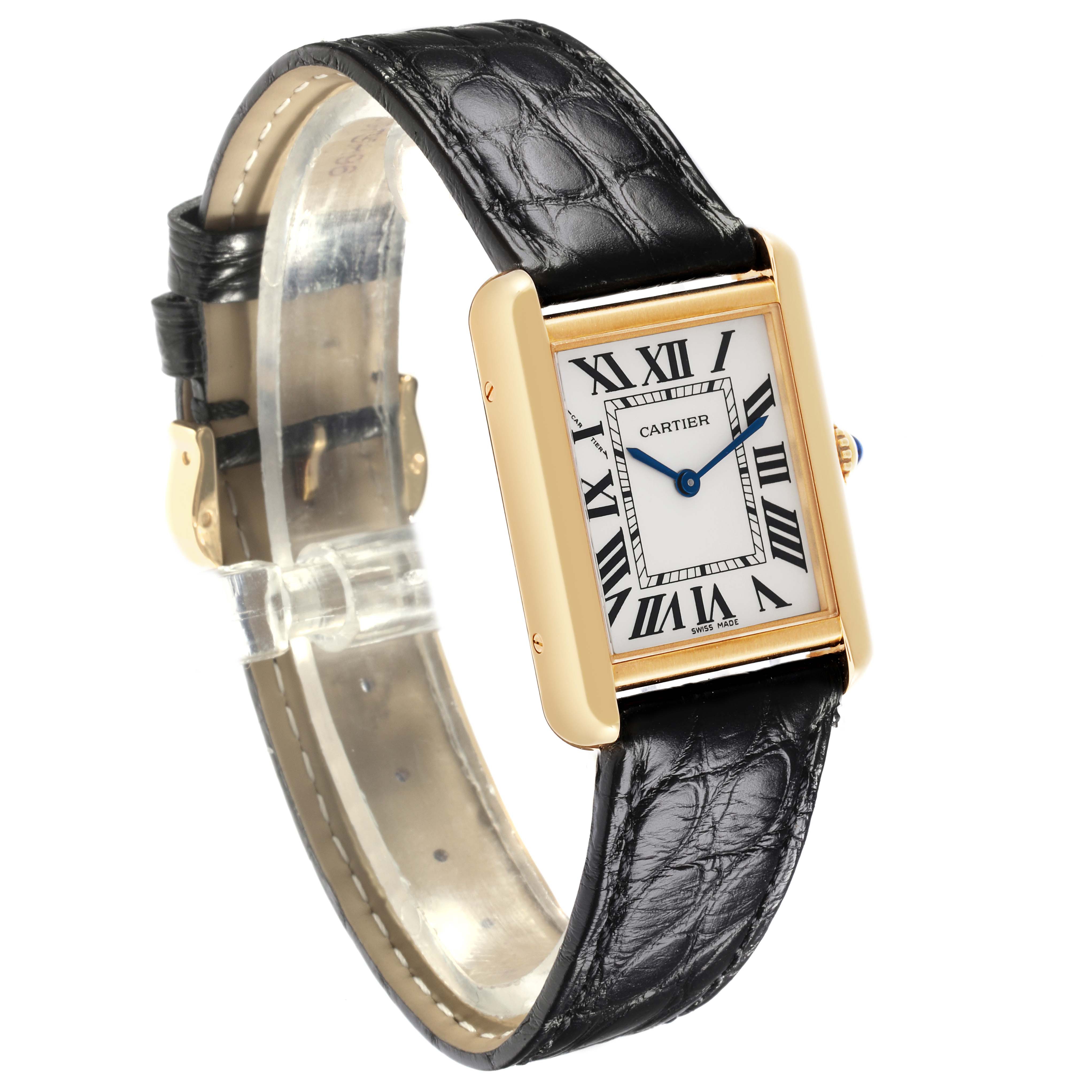 The Cartier Tank Solo W5200002 Women's Steel and Gold (two tone) Silver Dial W5200002 Women's Steel and Gold (two tone) Silver Dial watch is shown at an angled side view, displaying the face, Roman numerals, crown, and leather strap.