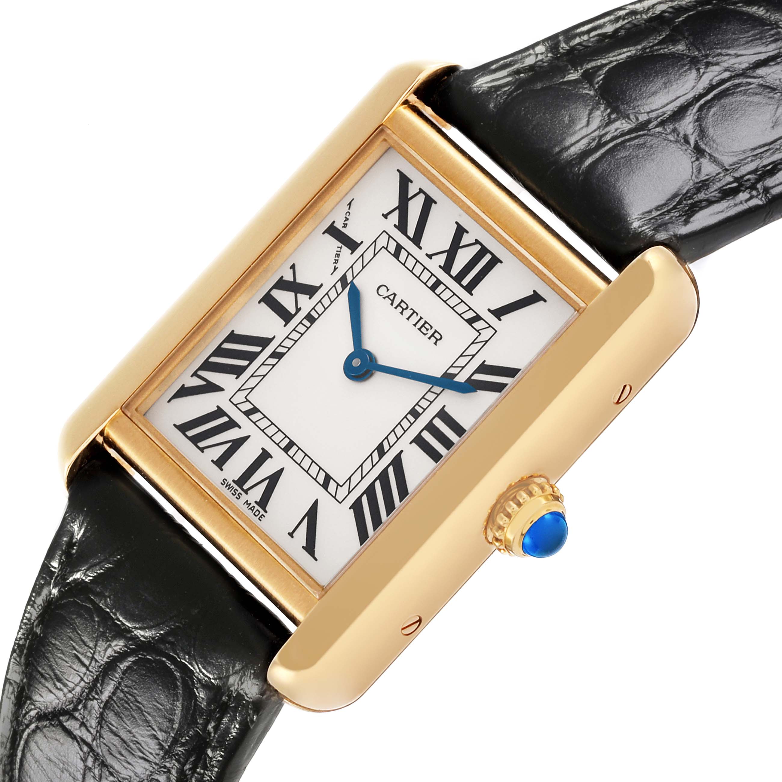 The Cartier Tank Solo W5200002 Women's Steel and Gold (two tone) Silver Dial W5200002 Women's Steel and Gold (two tone) Silver Dial watch is shown at an angled view, highlighting the rectangular case, crown with blue cabochon, and leather strap.