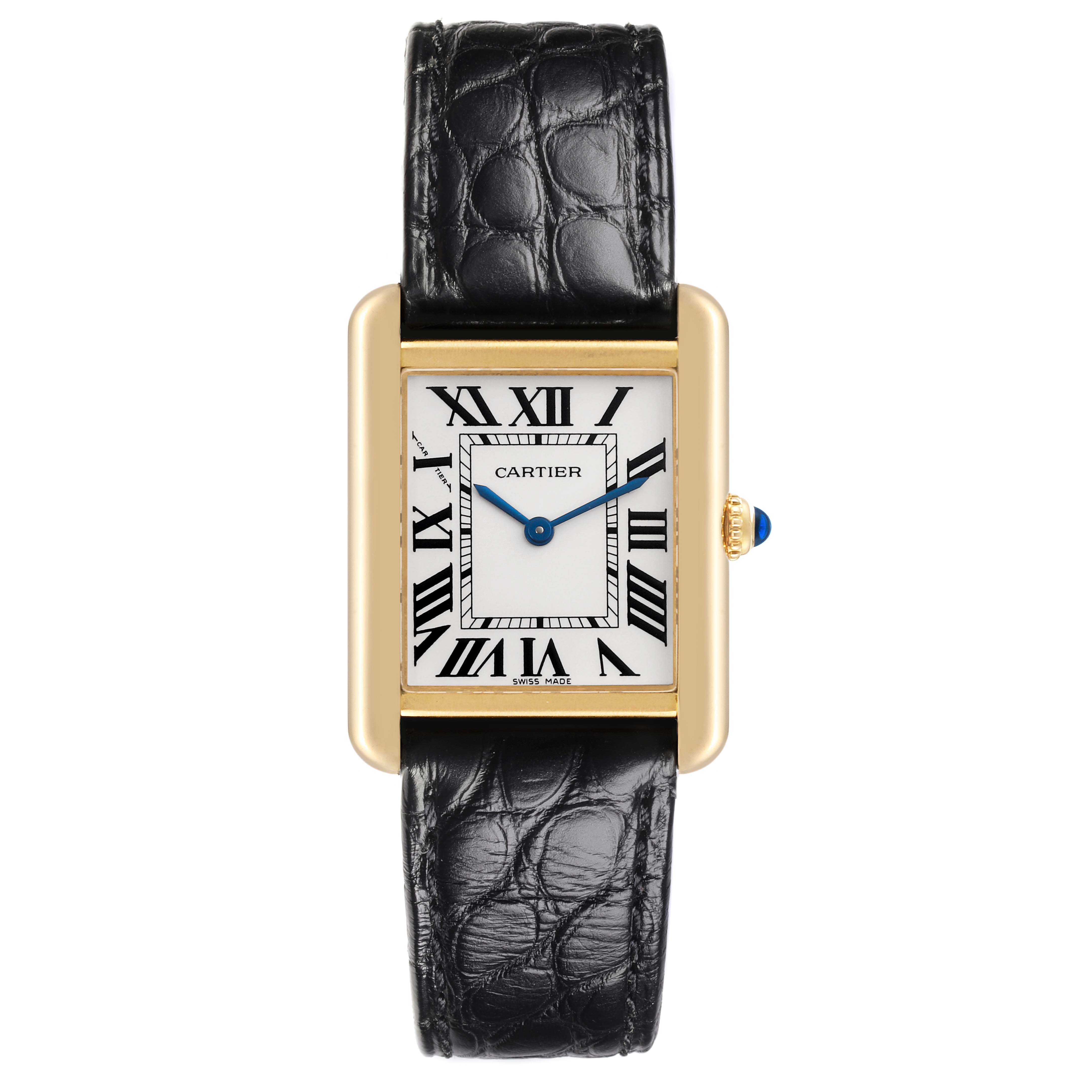 The Cartier Tank Solo W5200002 Women's Steel and Gold (two tone) Silver Dial W5200002 Women's Steel and Gold (two tone) Silver Dial watch is shown from the front, displaying its face, Roman numerals, and black leather strap.