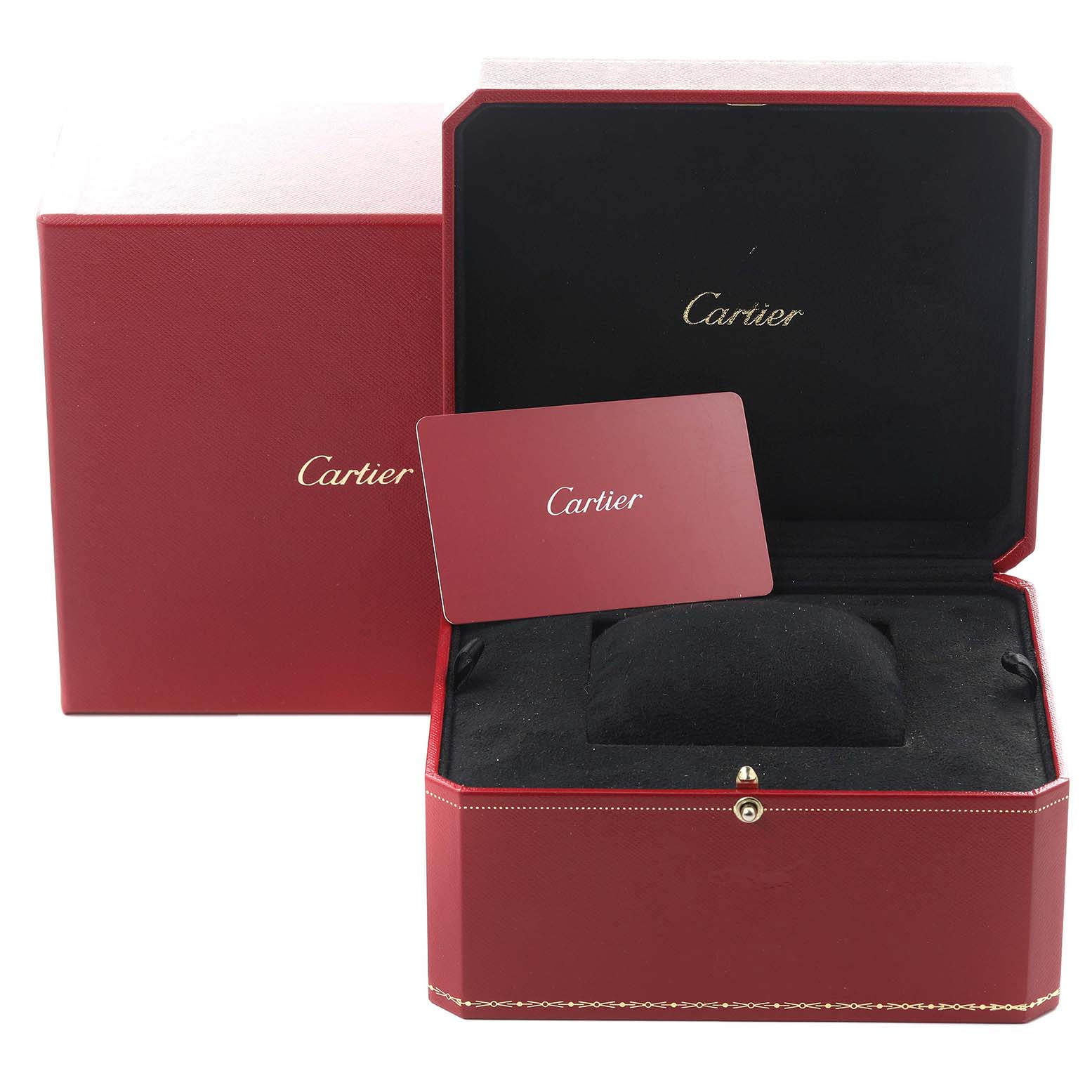 The image shows the Cartier Tank Solo W5200002 Women's Steel and Gold (two tone) Silver Dial W5200002 Women's Steel and Gold (two tone) Silver Dial watch box, inner cushion, and a branded card.