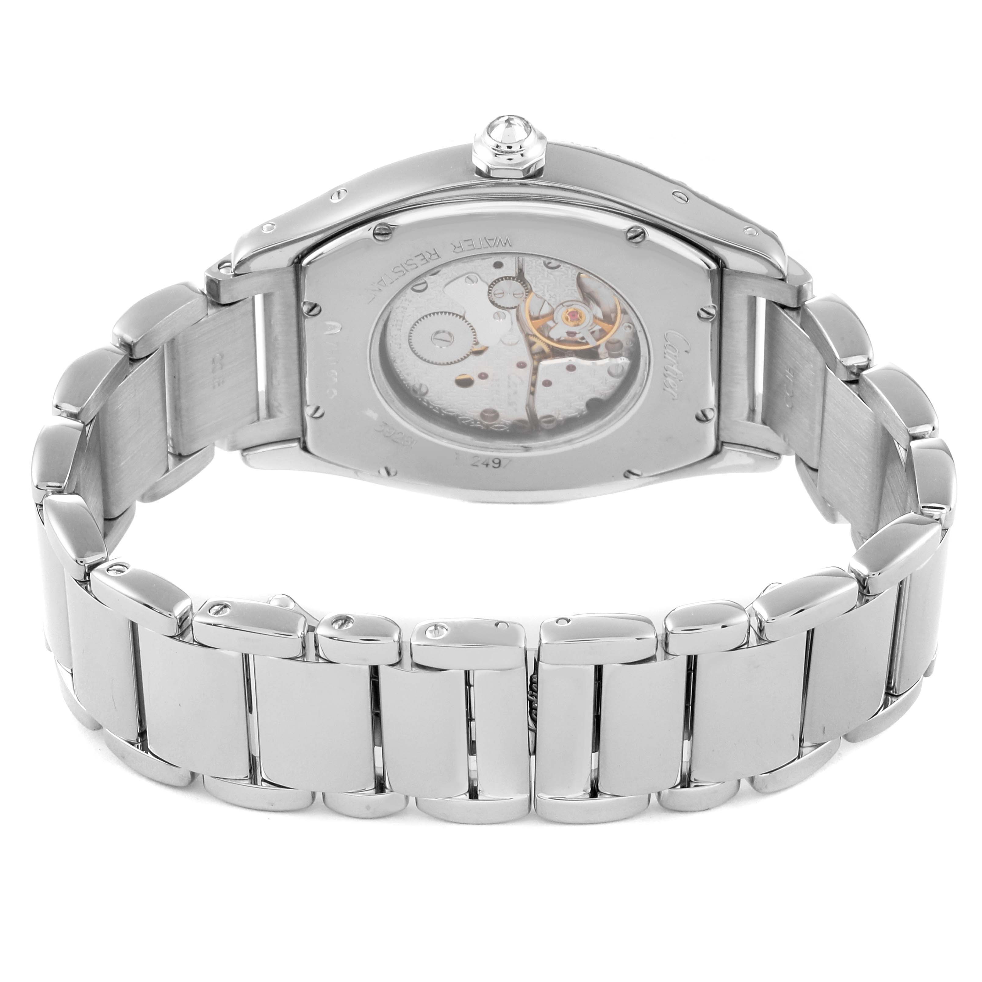This image shows the back view of a Cartier Tortue WA504351 Men
s White Gold Silver Dial WA504351 Men
s White Gold Silver Dial watch, highlighting its bracelet and exposed movement.