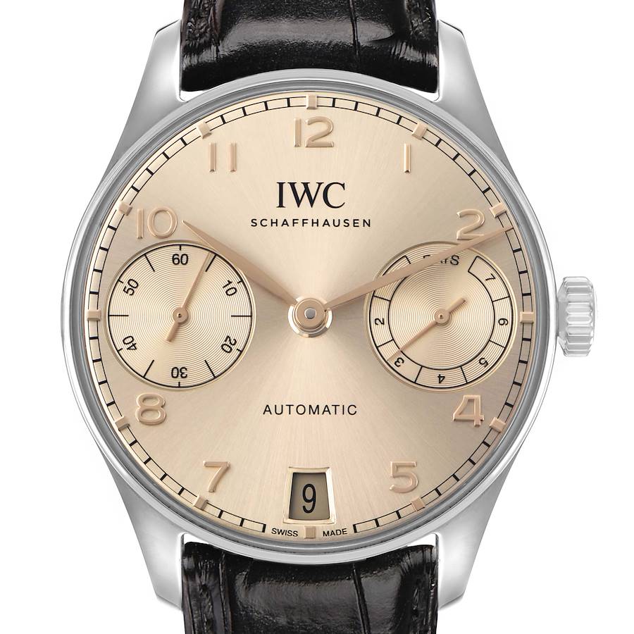 The IWC Portuguese IW501705 Men's Stainless Steel Beige Dial watch is shown from the front, displaying its dial, subdials, and date window.