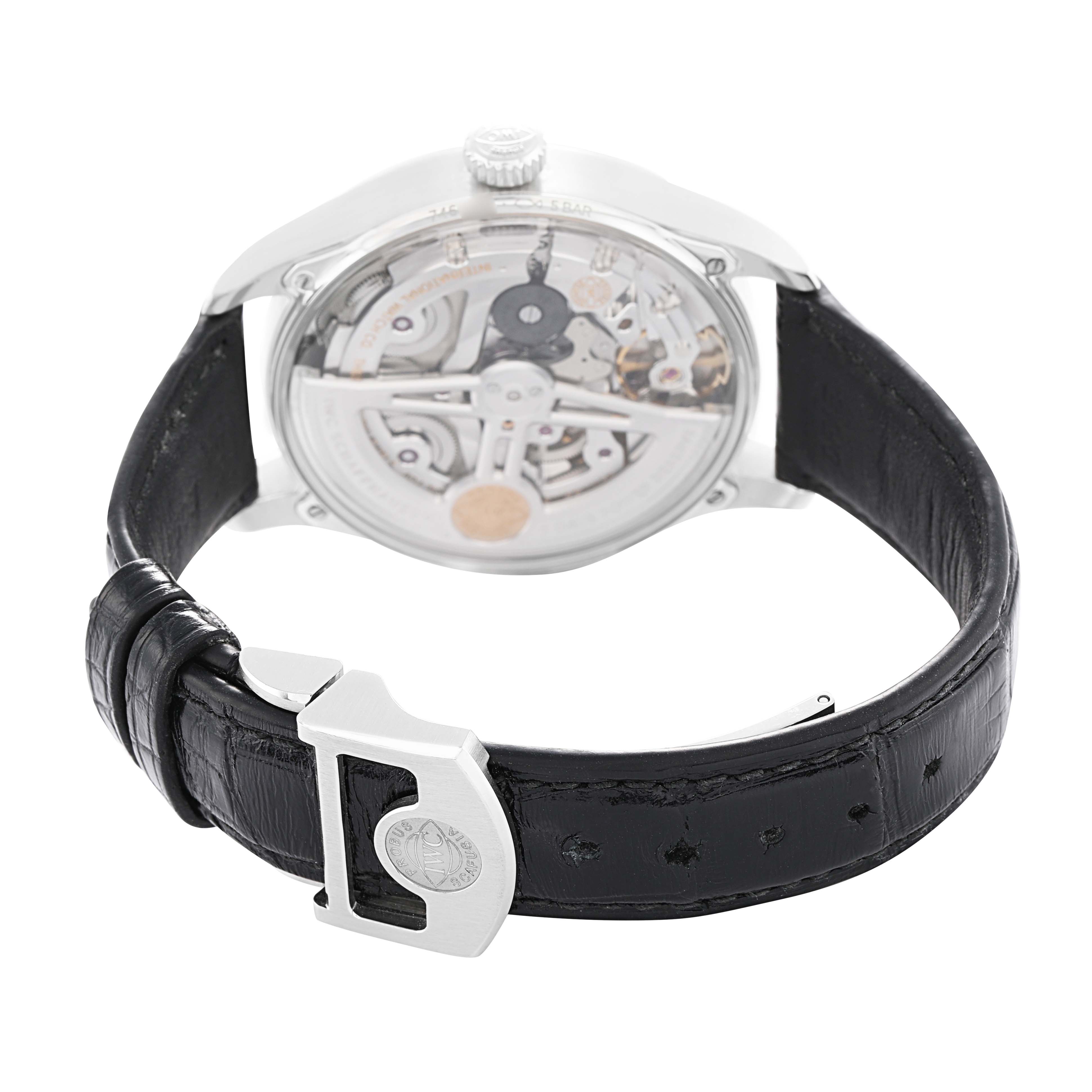 The image shows the back view of the IWC Portuguese IW501705 Men's Stainless Steel Beige Dial watch, displaying its transparent case back and mechanical movement.