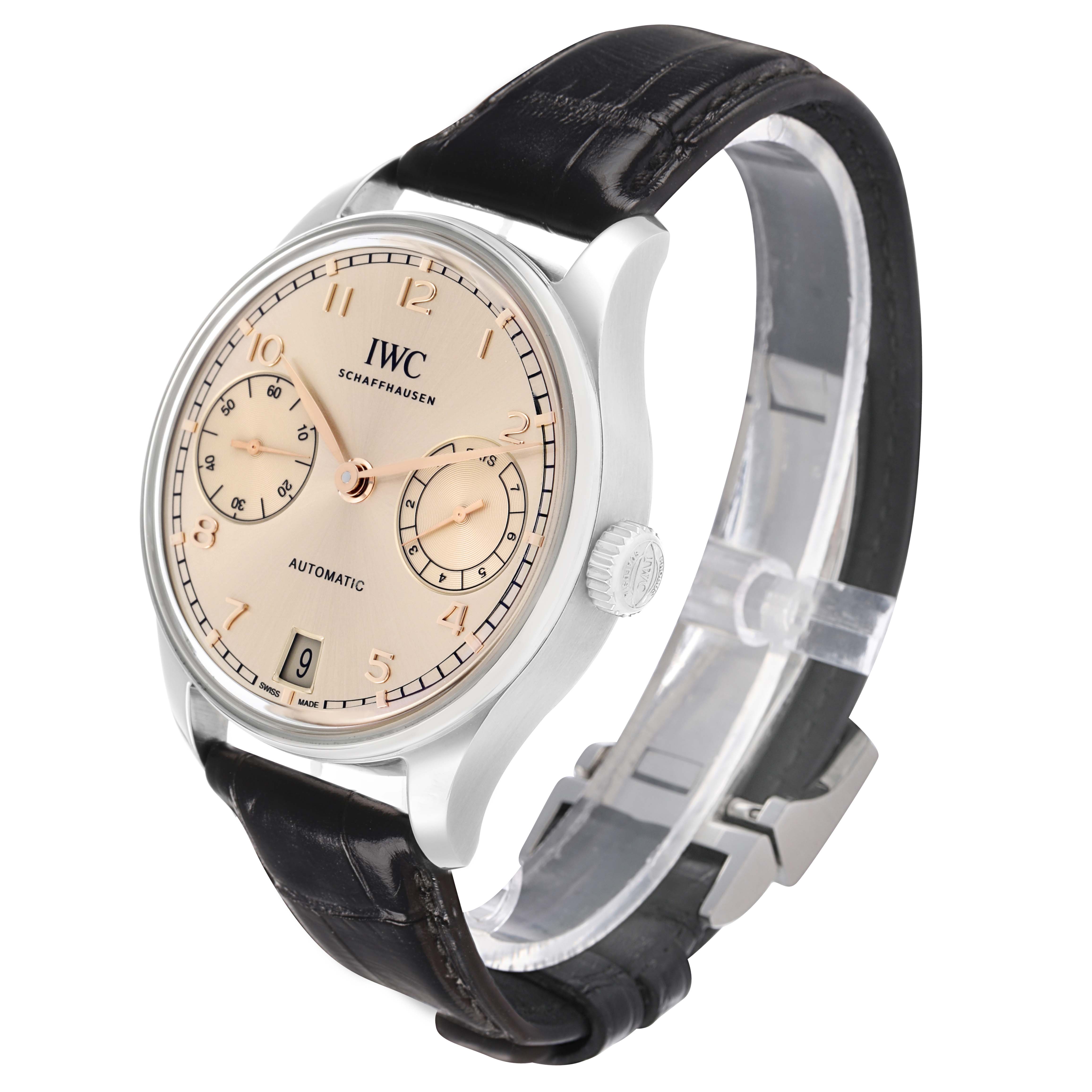 The IWC Portuguese IW501705 Men's Stainless Steel Beige Dial watch is shown from a slightly angled side view, displaying the dial, crown, and leather strap.