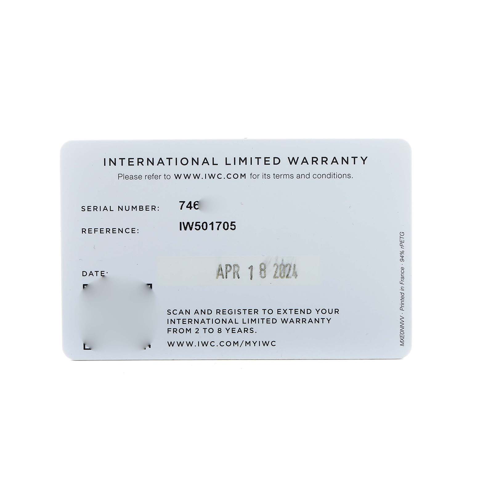 The image shows an IWC Portuguese IW501705 Men's Stainless Steel Beige Dial model's warranty card, detailing serial and reference numbers.