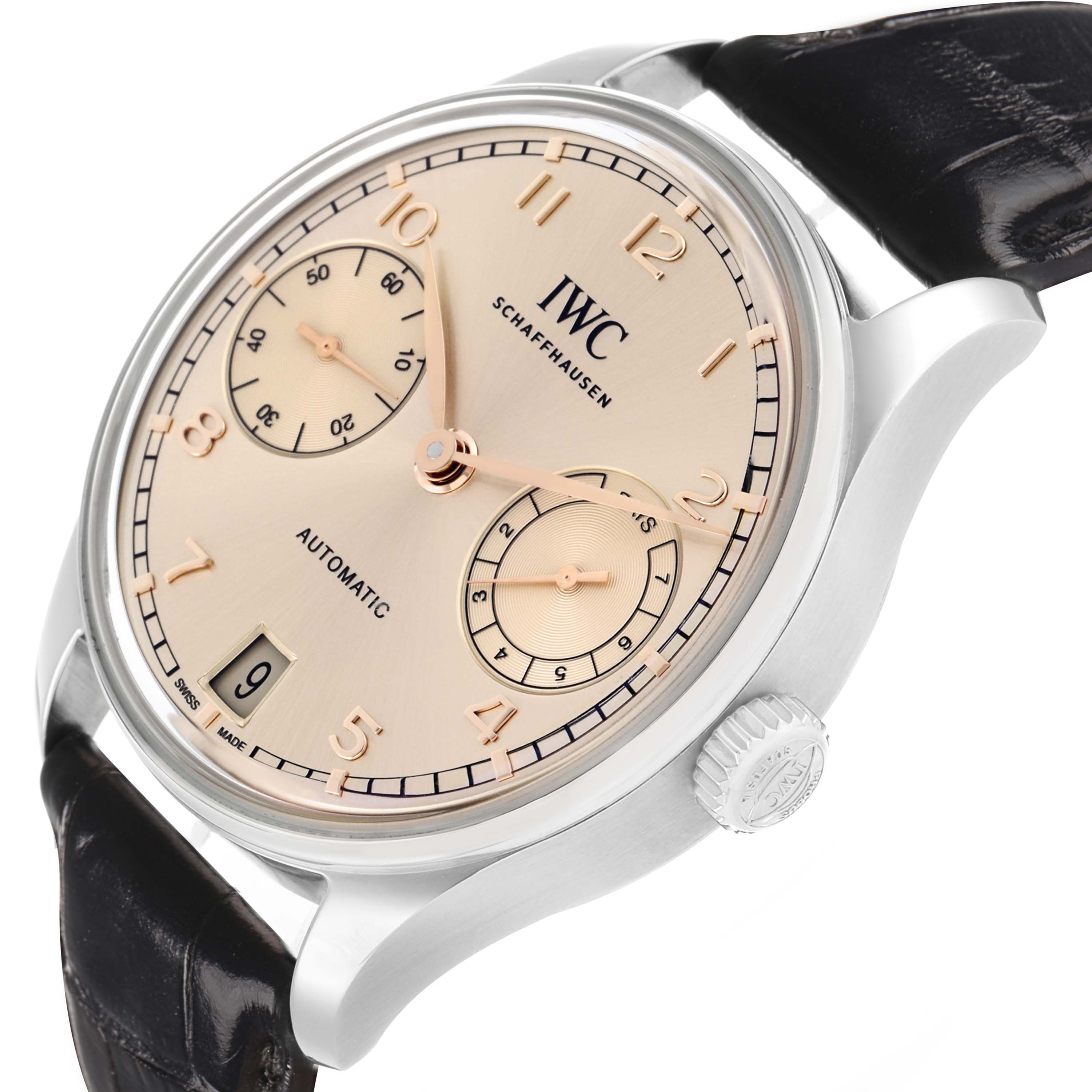 The IWC Portuguese IW501705 Men's Stainless Steel Beige Dial watch is shown at a slight angle, displaying the face, crown, and leather strap.