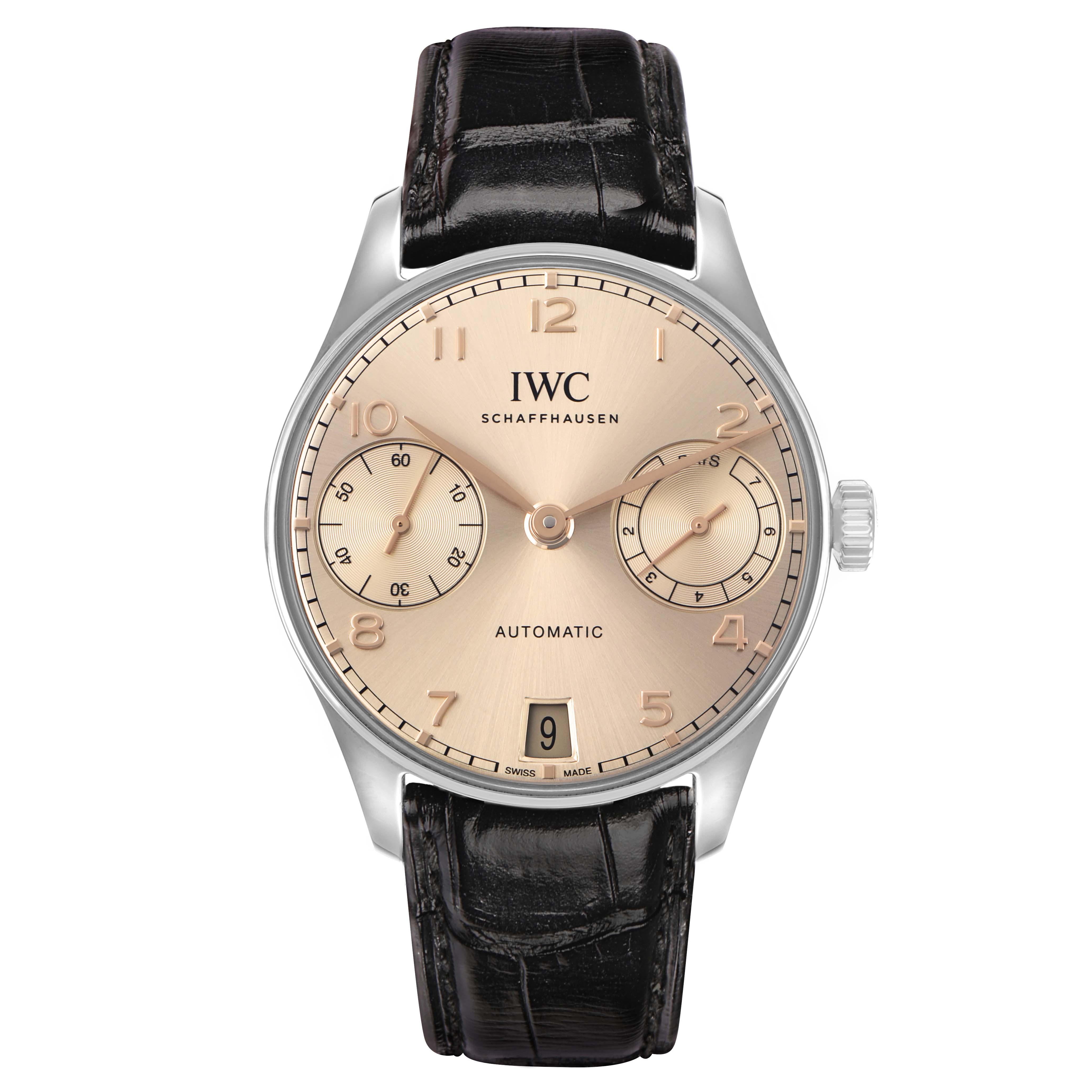 The IWC Portuguese IW501705 Men's Stainless Steel Beige Dial watch is shown from the front, highlighting the face, hands, subdials, and leather strap.