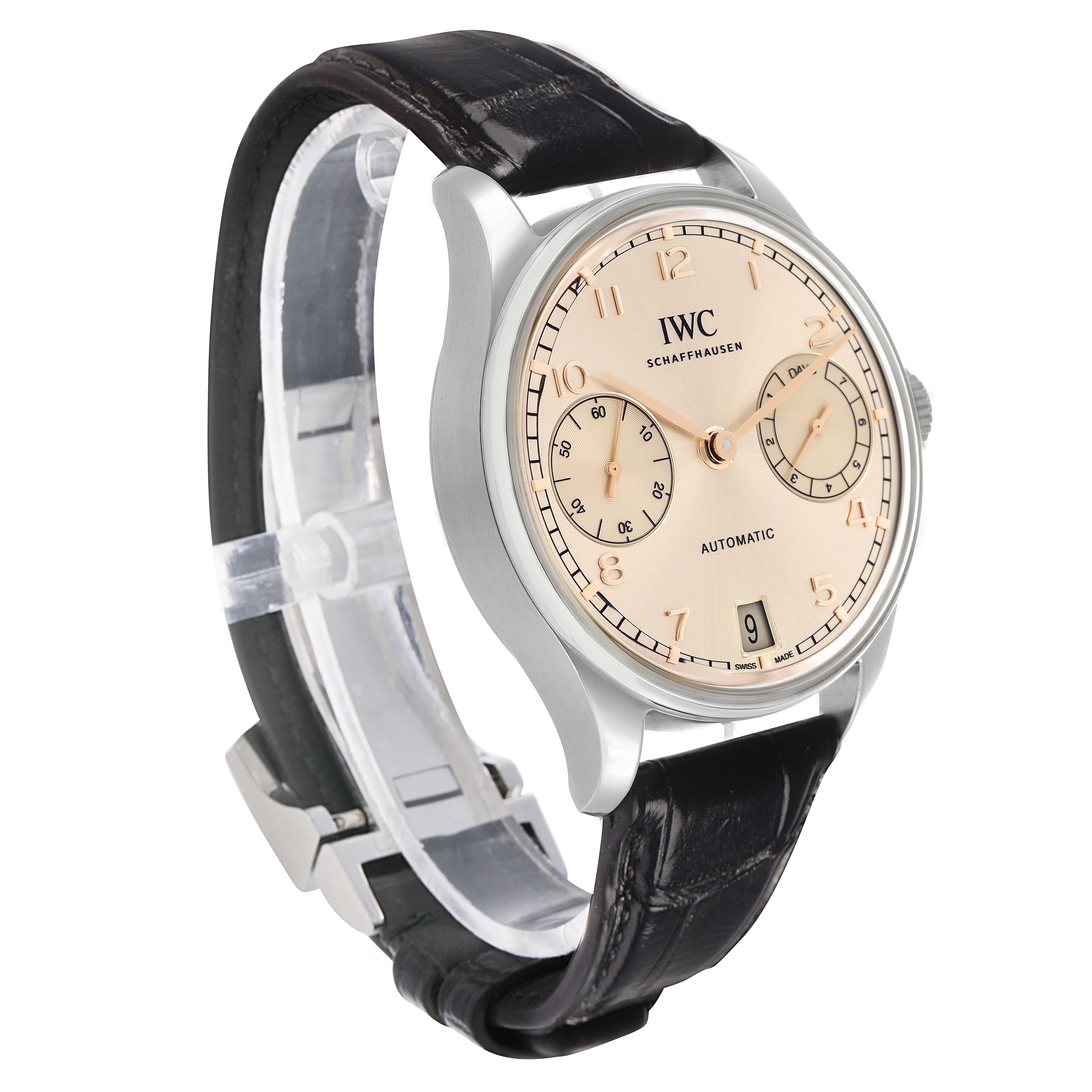 The IWC Portuguese IW501705 Men's Stainless Steel Beige Dial watch is angled to show the face, side, and part of the black leather strap.