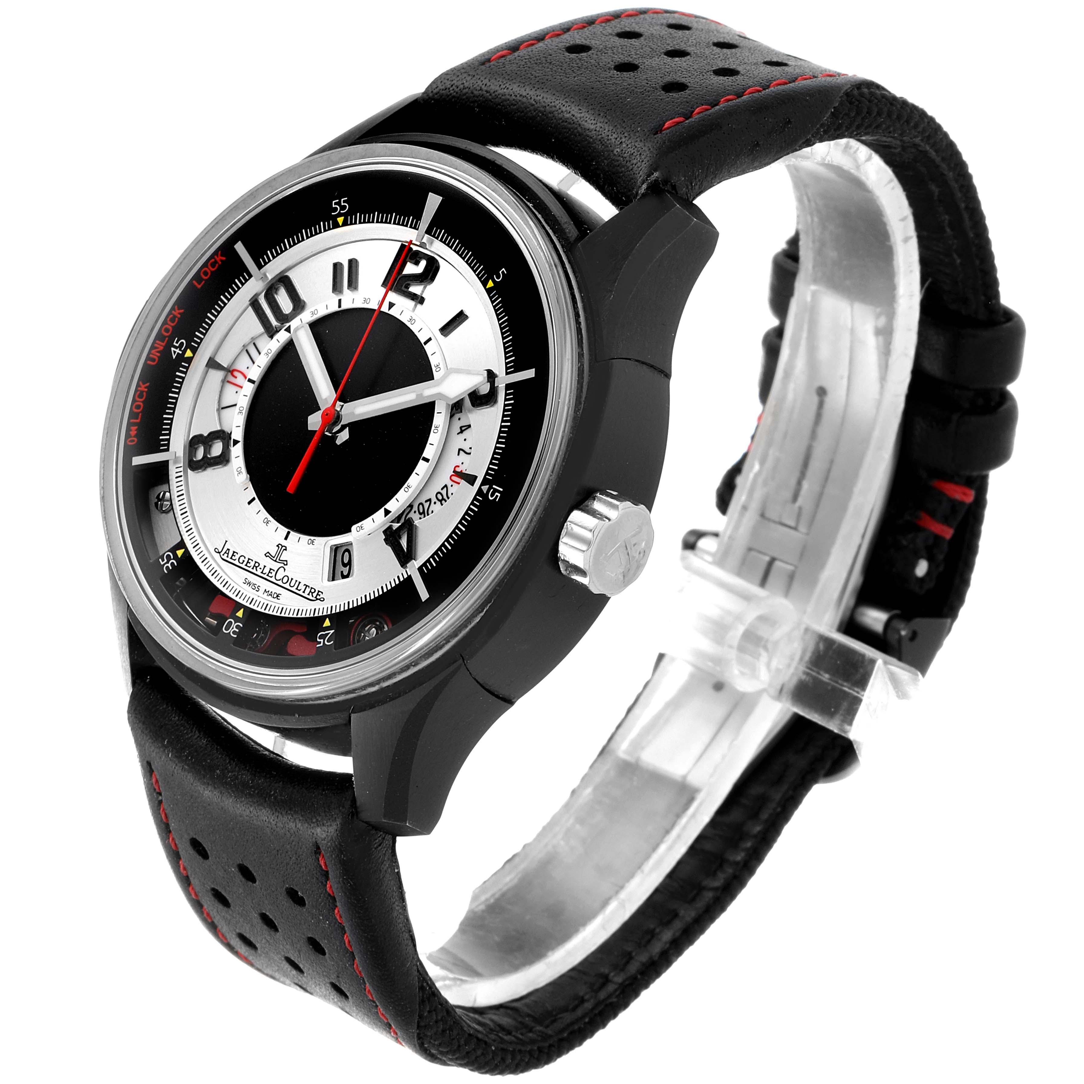 This is a Jaeger LeCoultre Amvox 192.T.25 Men's Titanium Silver Dial 192.T.25 Men's Titanium Silver Dial watch shown from a three-quarter angle, highlighting the dial, bezel, crown, and perforated strap.