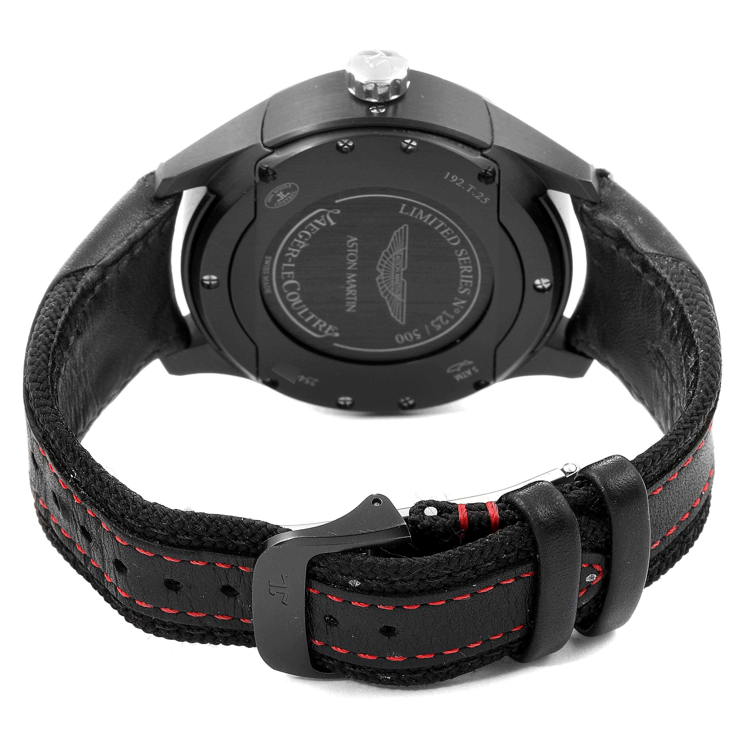 The image shows the back case and strap of a Jaeger LeCoultre Amvox 192.T.25 Men's Titanium Silver Dial 192.T.25 Men's Titanium Silver Dial watch, featuring a black leather strap with red stitching.