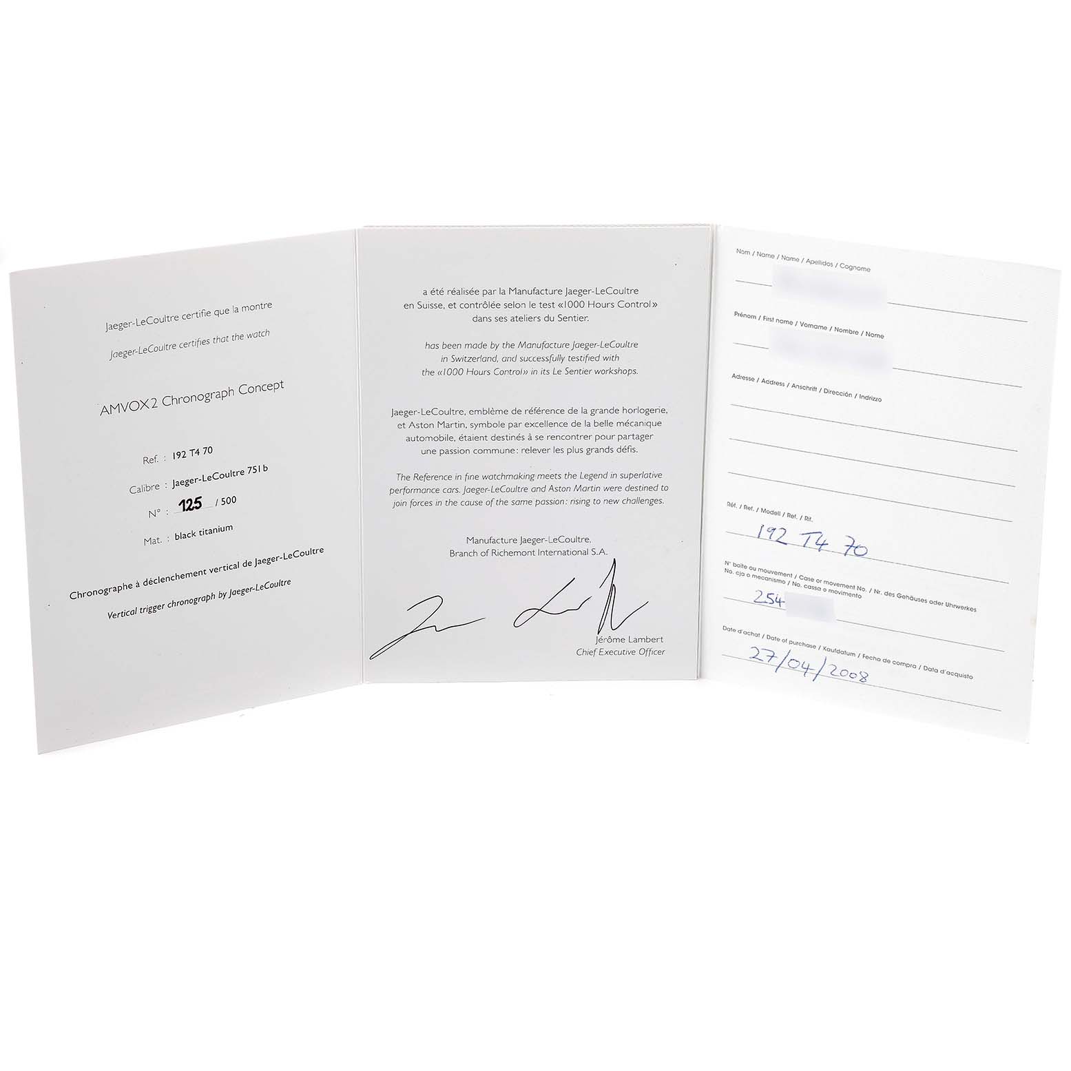 This image shows the open instruction manual and documentation for the Amvox2 Chronograph Concept watch by Jaeger-LeCoultre.