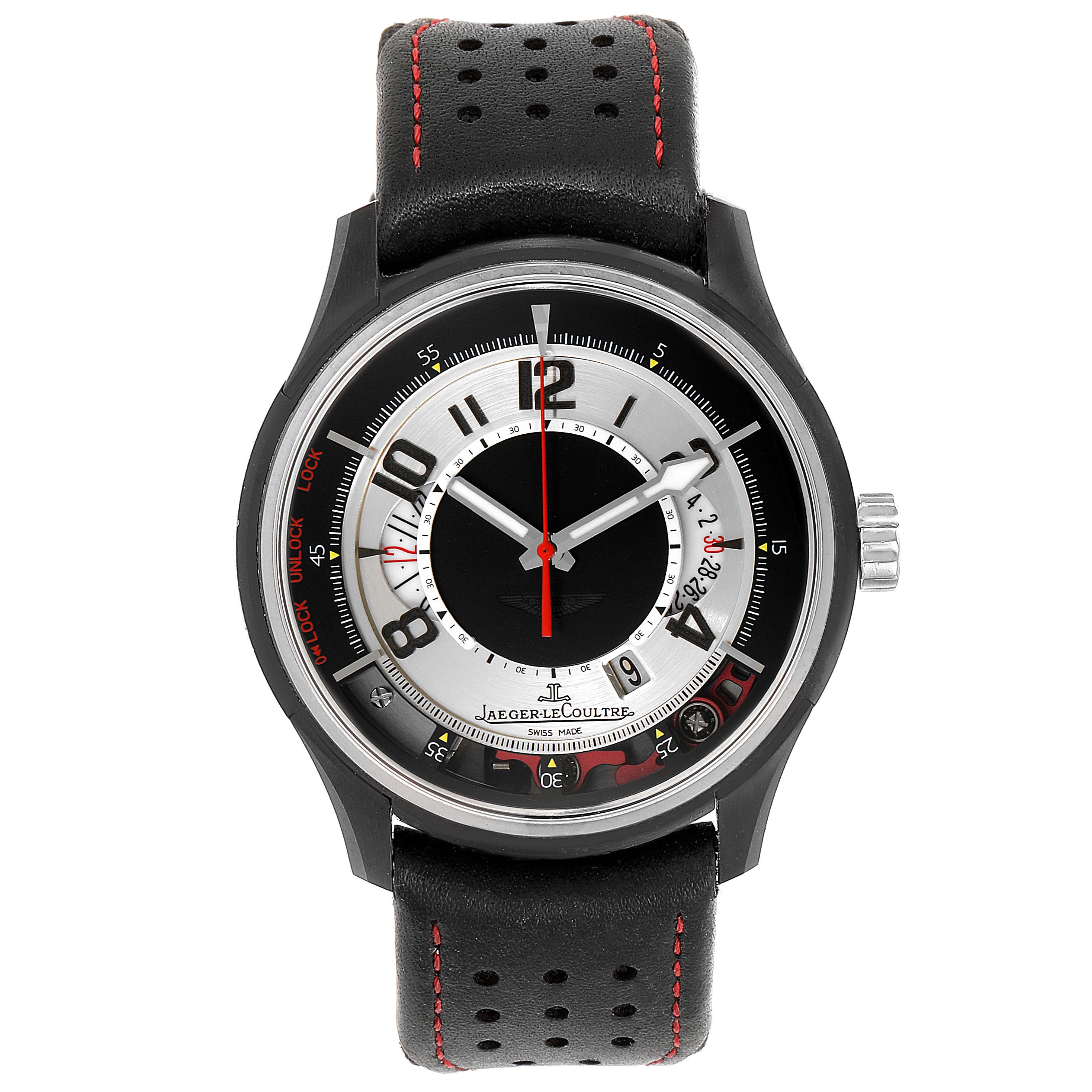 This is a front view of the Jaeger LeCoultre Amvox 192.T.25 Men's Titanium Silver Dial 192.T.25 Men's Titanium Silver Dial watch, showing the dial, hands, straps, and crown.