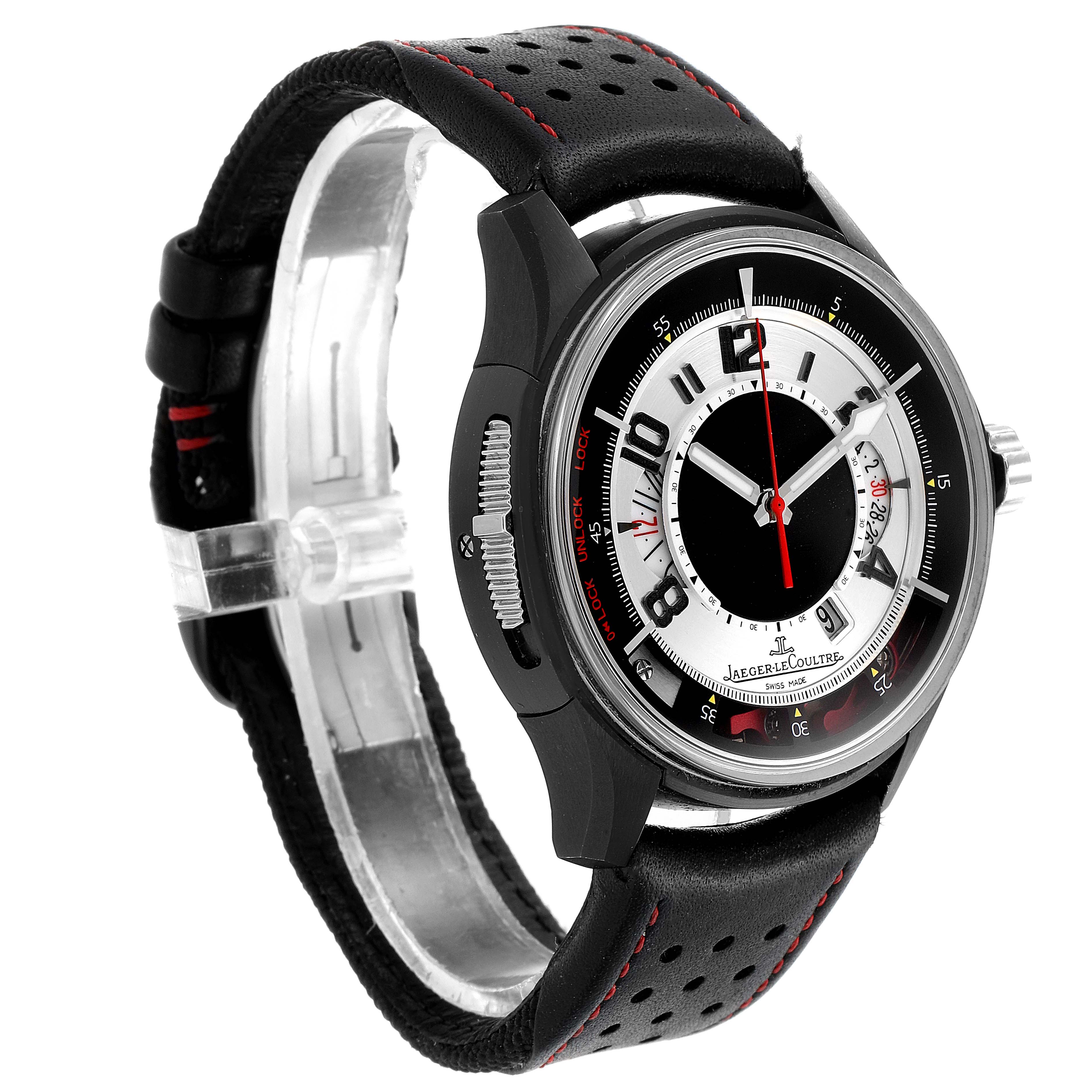 The image shows a Jaeger-LeCoultre Amvox watch at a slight side angle, highlighting its dial, bezel, and leather strap.