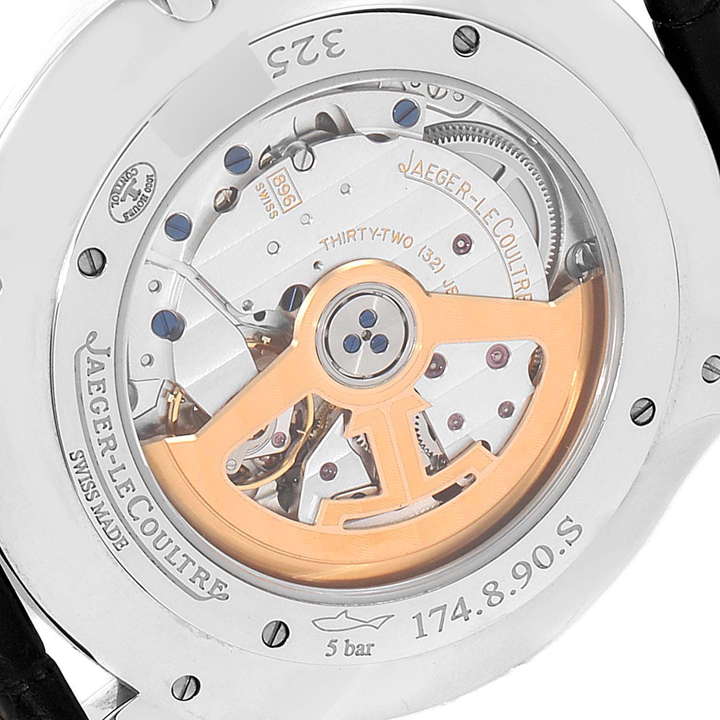 This image shows the back view of the Jaeger-LeCoultre Master model watch, highlighting its movement and intricate mechanics.