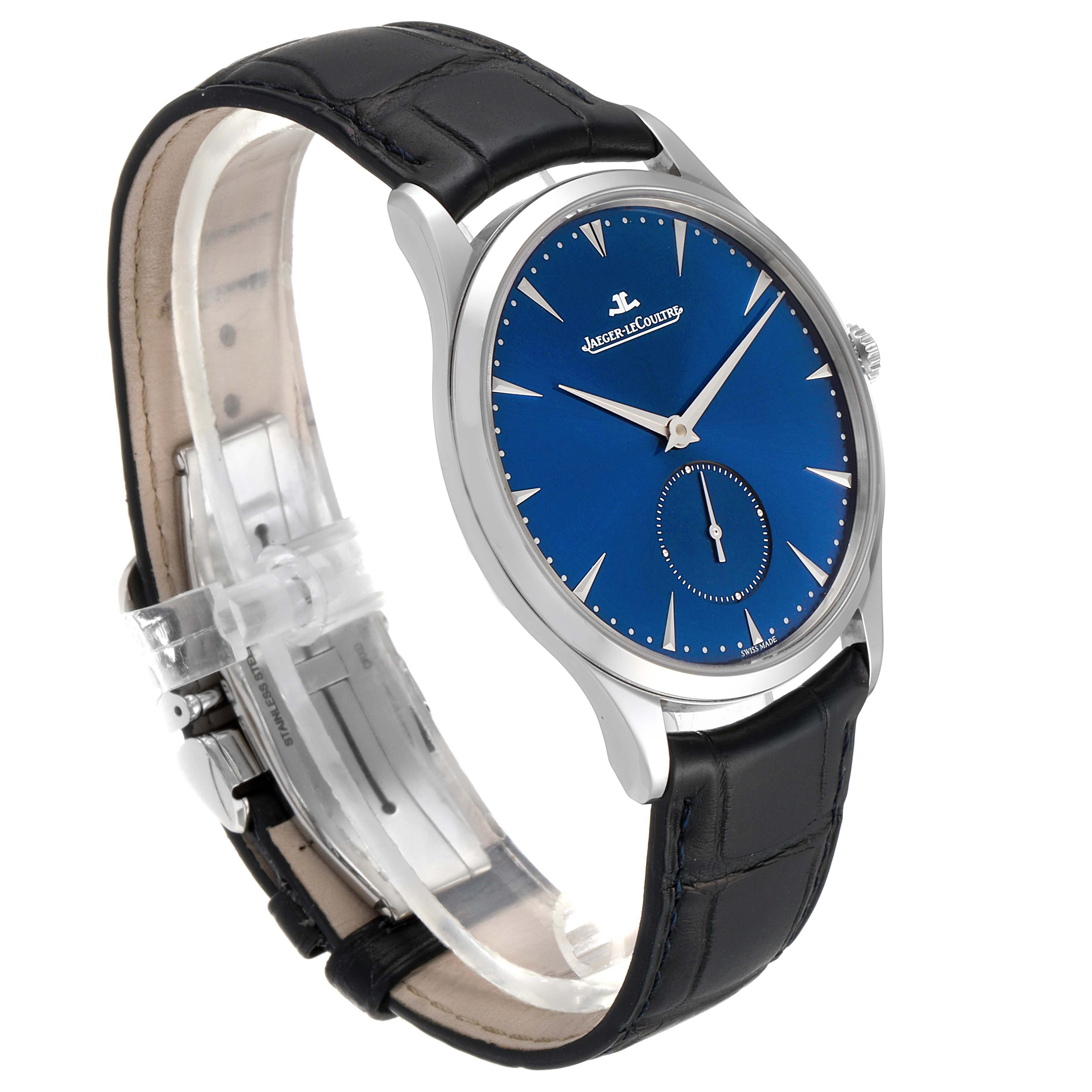 This image shows a Jaeger LeCoultre Master Q1358480 Men's Stainless Steel Blue Dial Q1358480 Men's Stainless Steel Blue Dial model watch, angled to display its blue dial, silver hands, and black leather strap.
