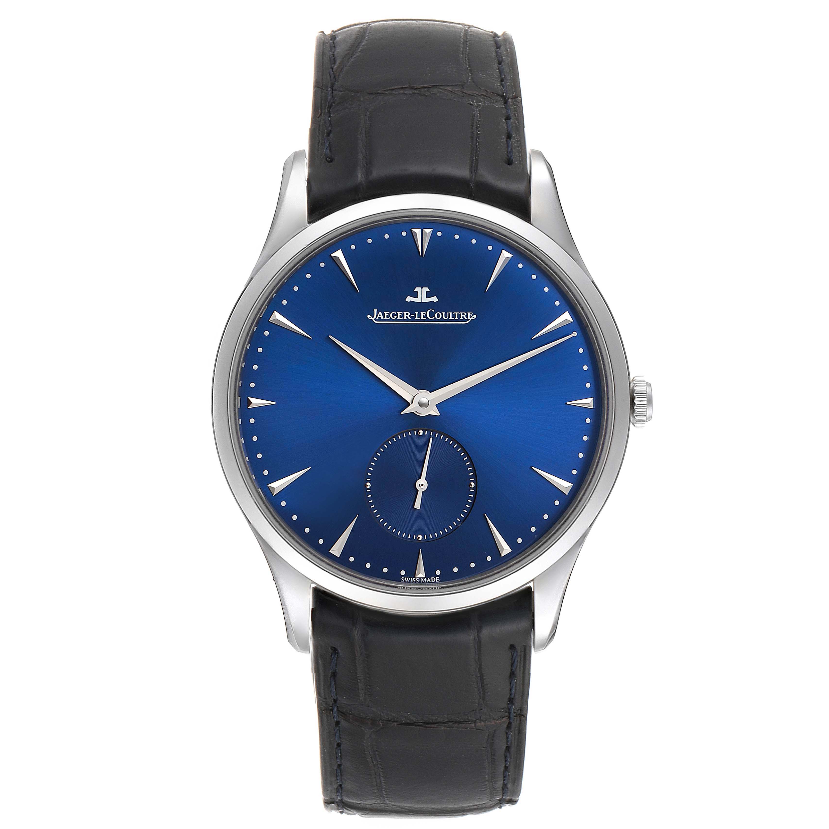 The image shows a frontal view of a Jaeger LeCoultre Master Q1358480 Men's Stainless Steel Blue Dial Q1358480 Men's Stainless Steel Blue Dial model watch with a blue dial and black leather strap.