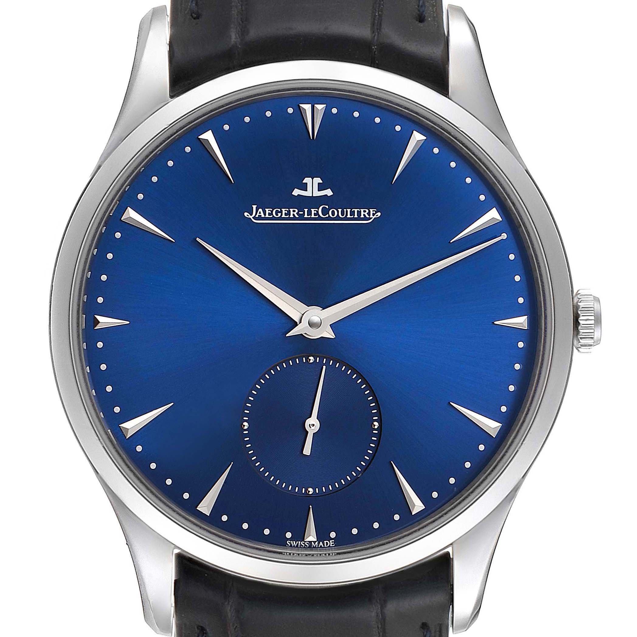 This image shows a front view of the Jaeger LeCoultre Master Q1358480 Men's Stainless Steel Blue Dial Q1358480 Men's Stainless Steel Blue Dial model watch, displaying its blue dial, hands, indexes, and leather strap.