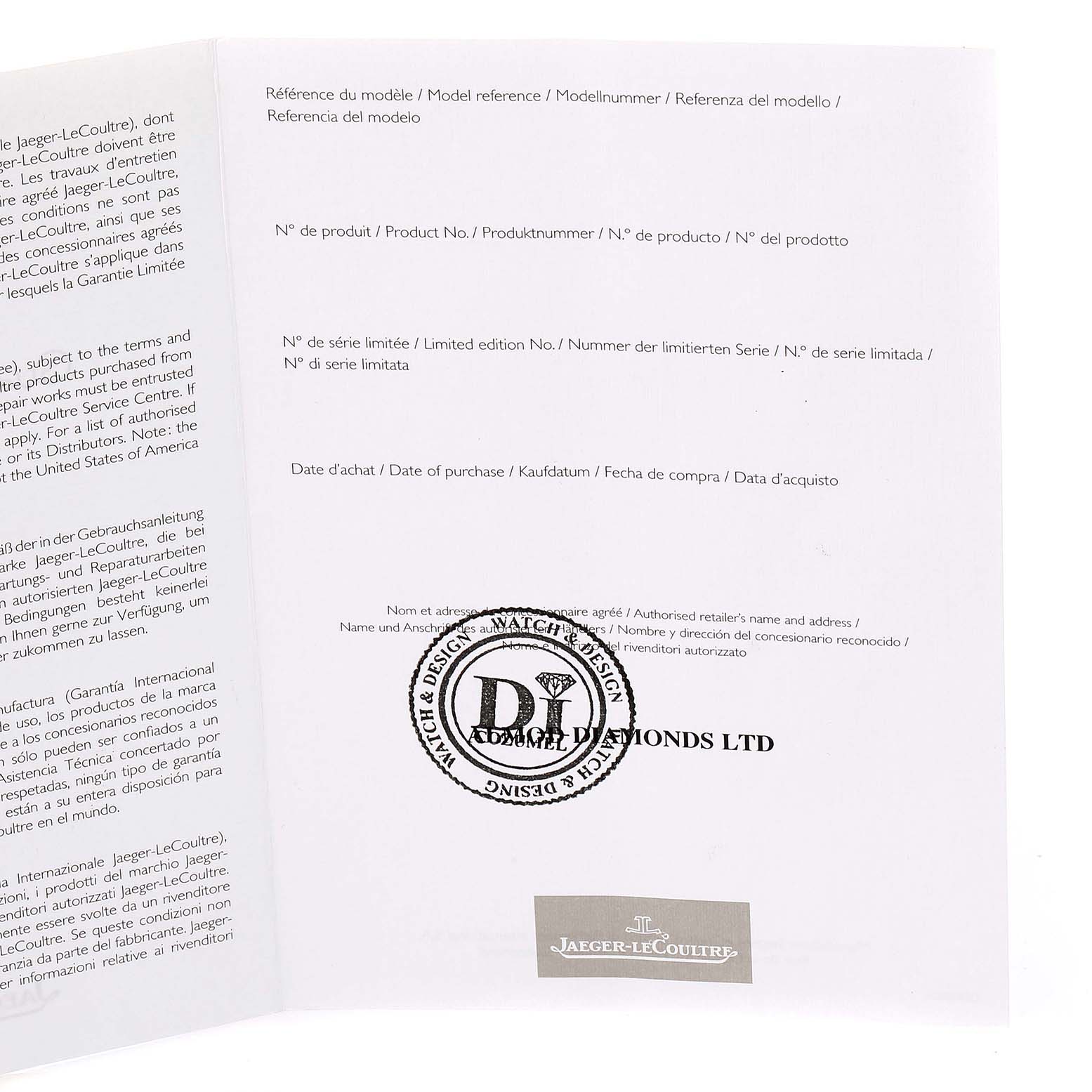 The image shows the inside cover of documentation for a Jaeger-LeCoultre Master model watch.