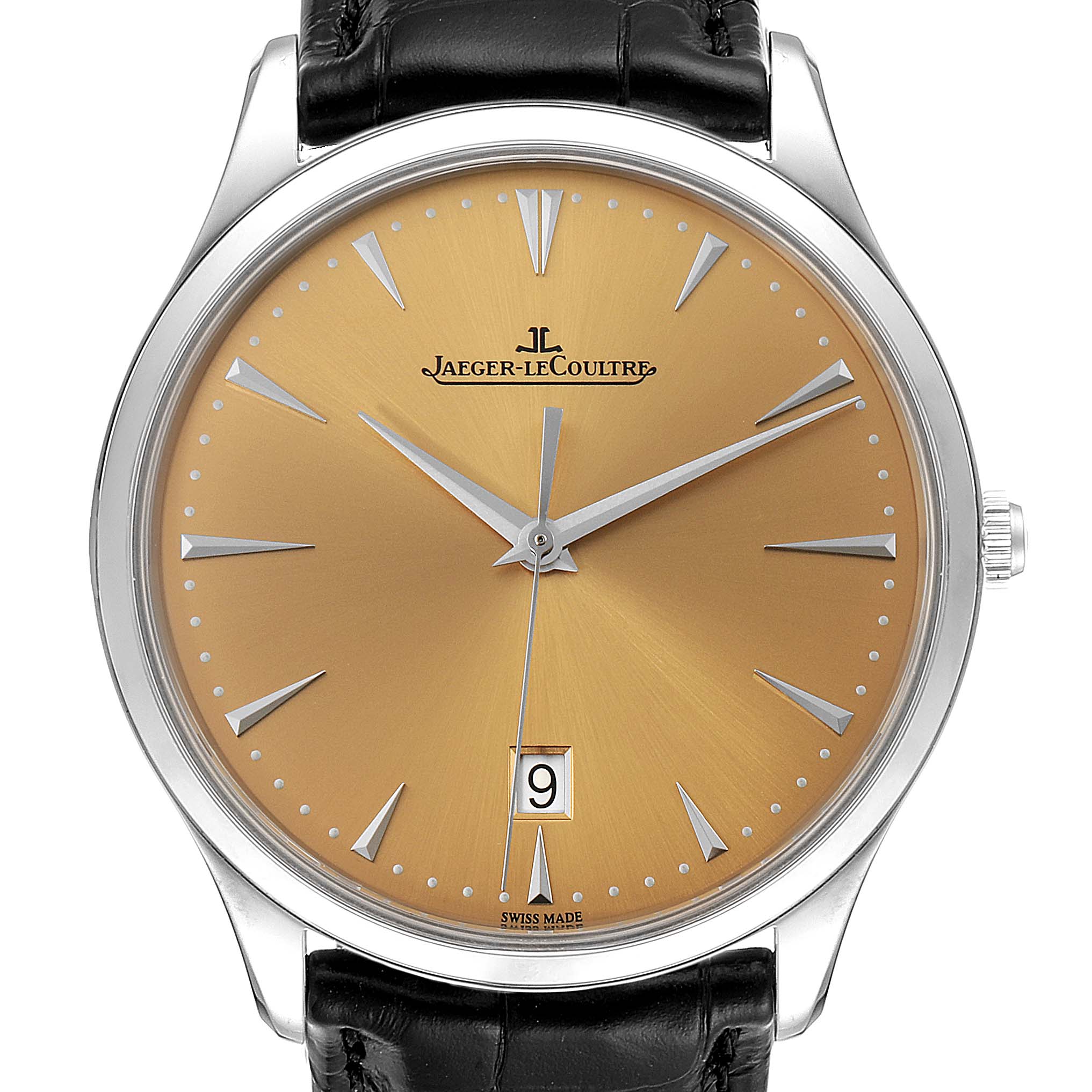 The Jaeger LeCoultre Master Q1288430 Men
s Stainless Steel Champagne Dial Q1288430 Men
s Stainless Steel Champagne Dial model watch is shown from a front angle, featuring a gold dial, date window, and leather strap.