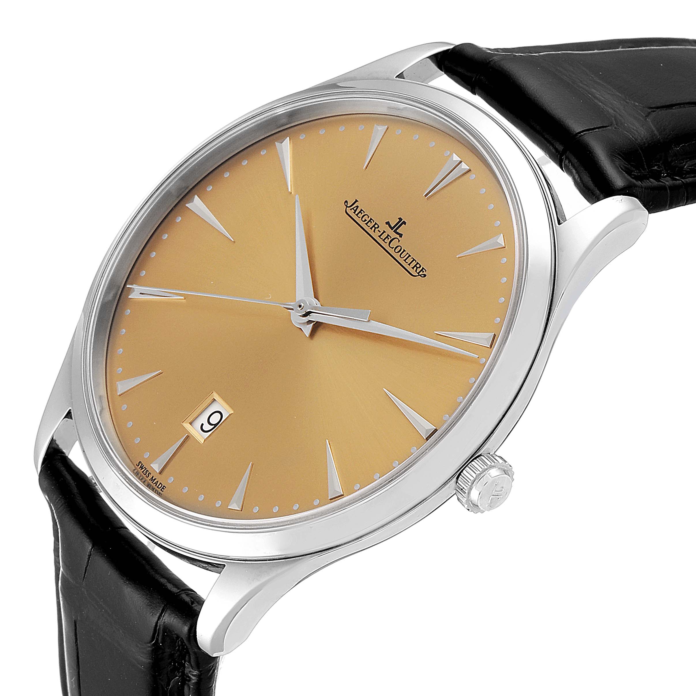 This image shows a Jaeger-LeCoultre Master model watch at an angle highlighting the dial, crown, and part of the black strap.