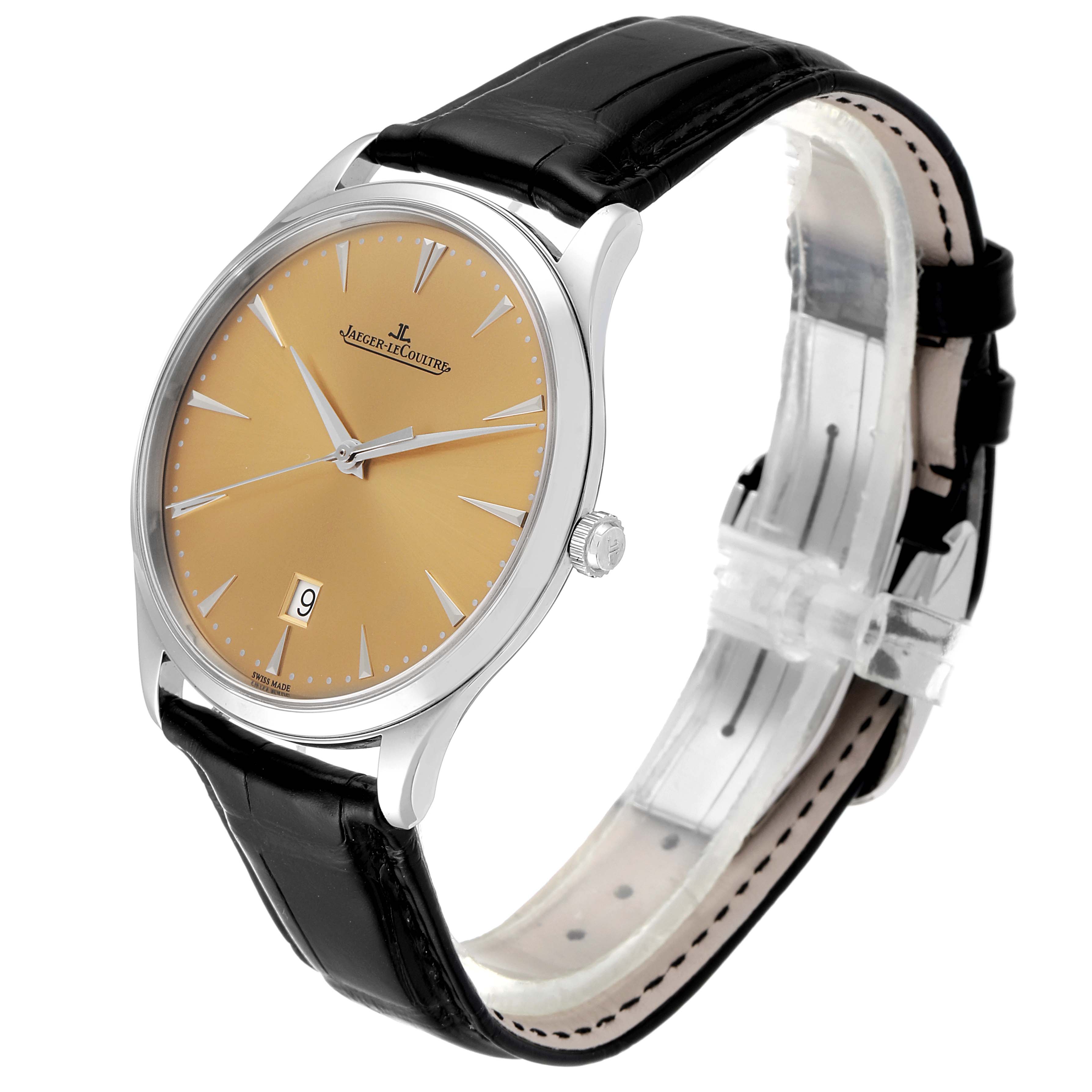The image shows a Jaeger-LeCoultre Master model watch at an angled view, highlighting the face, crown, and black leather strap.