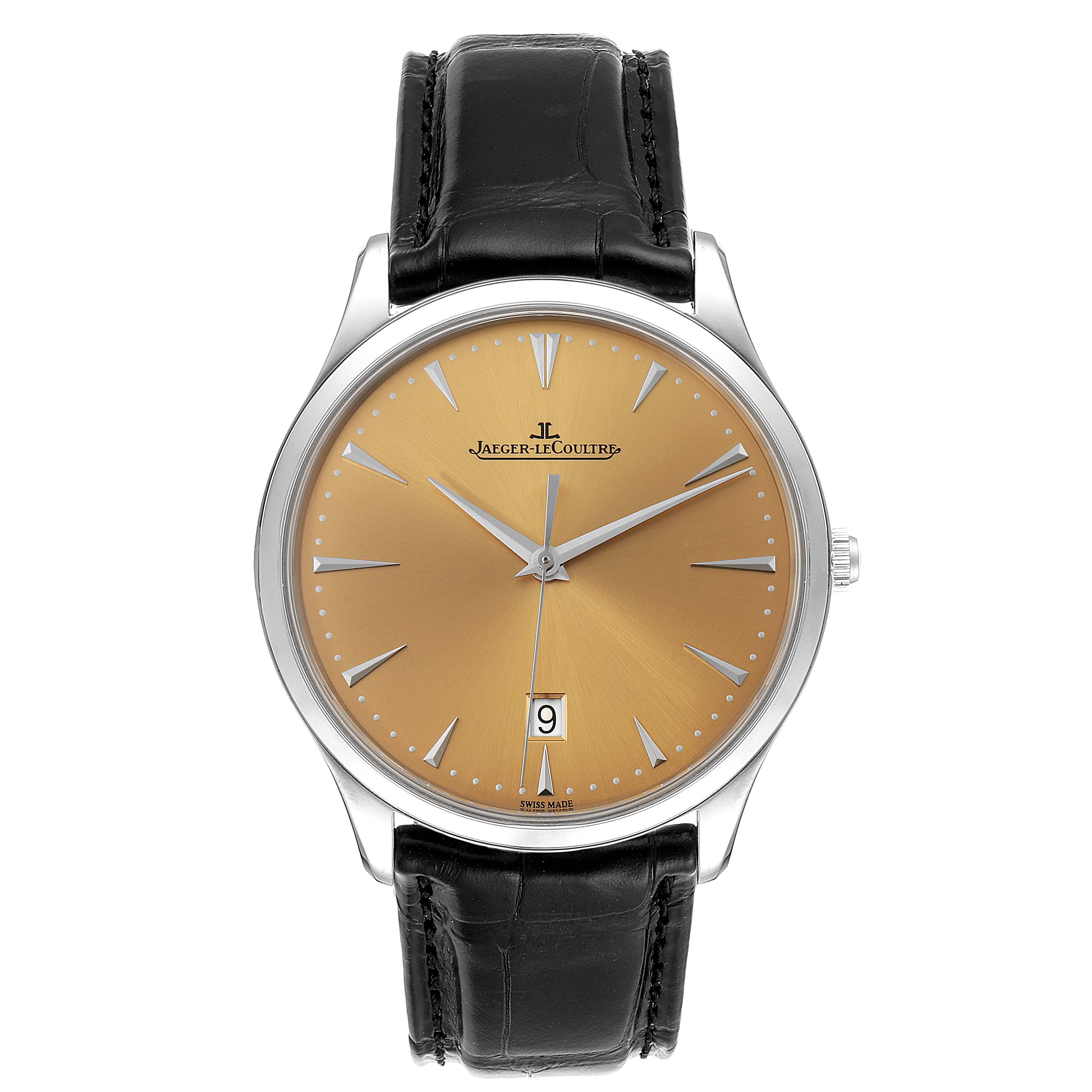 The image shows a front view of the Jaeger-LeCoultre Master model watch, featuring a gold dial and black leather strap.