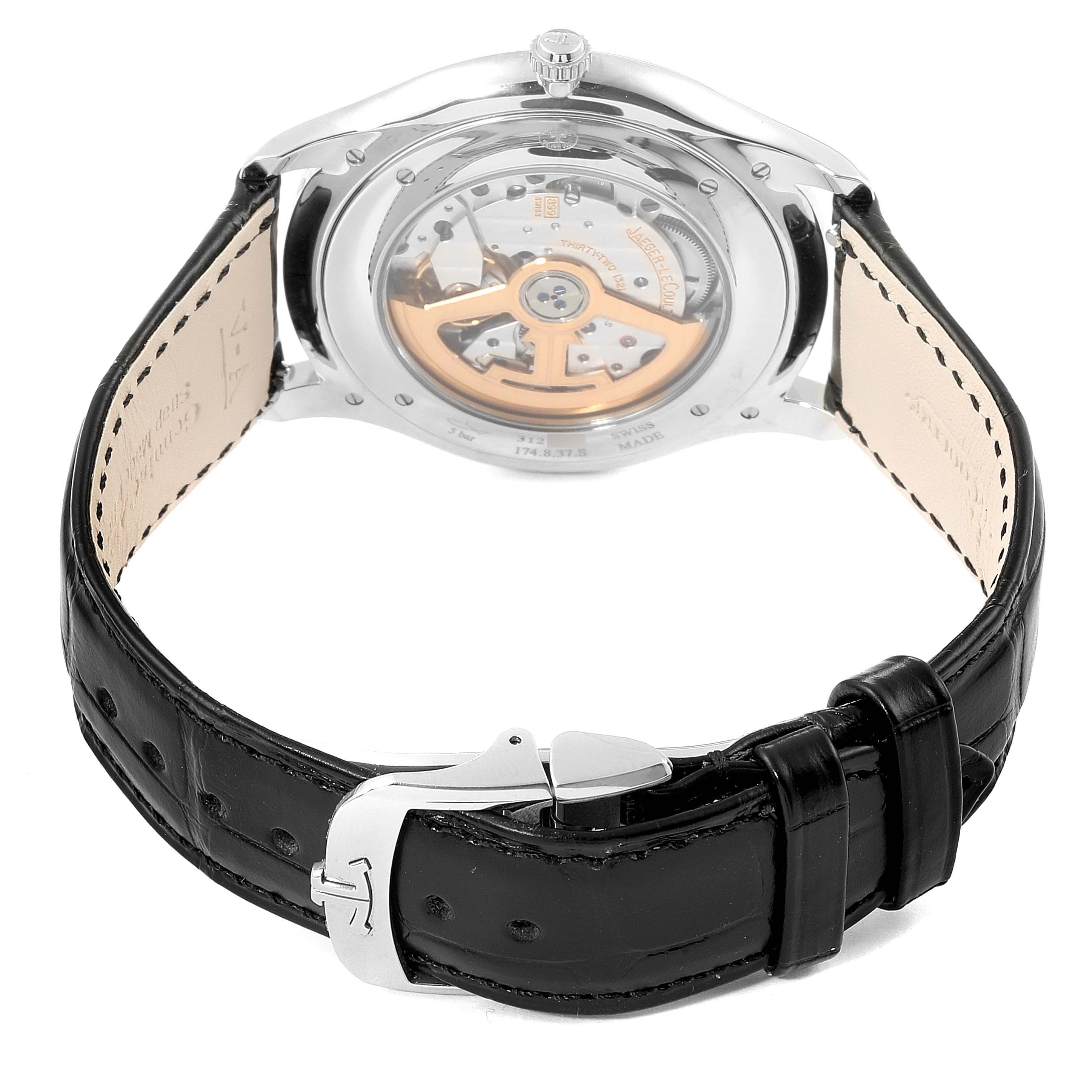 The image shows the back view of the Jaeger-LeCoultre Master model watch, highlighting the movement and leather strap.