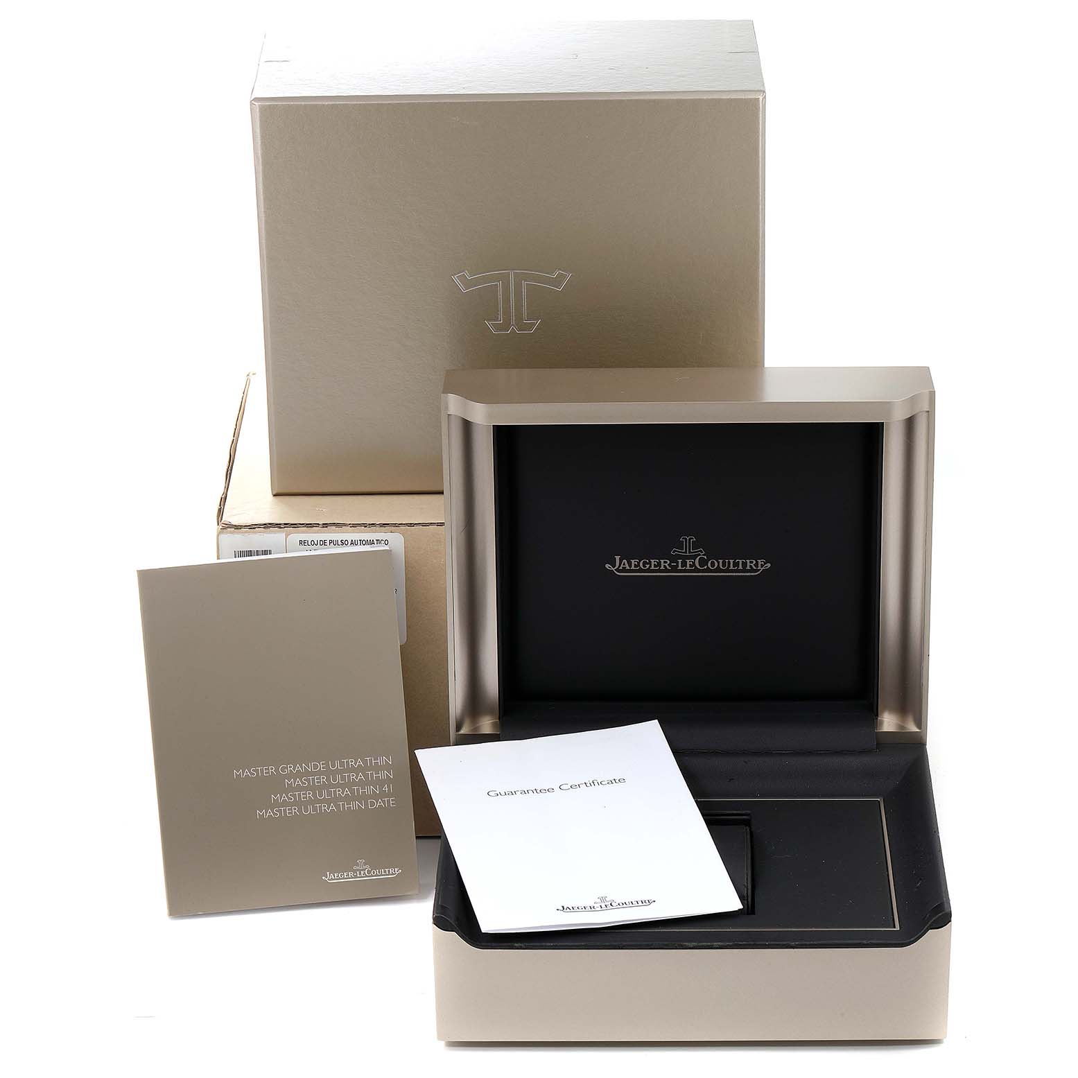 The image shows the packaging, inner box, and documentation for a Jaeger-LeCoultre Master model watch.