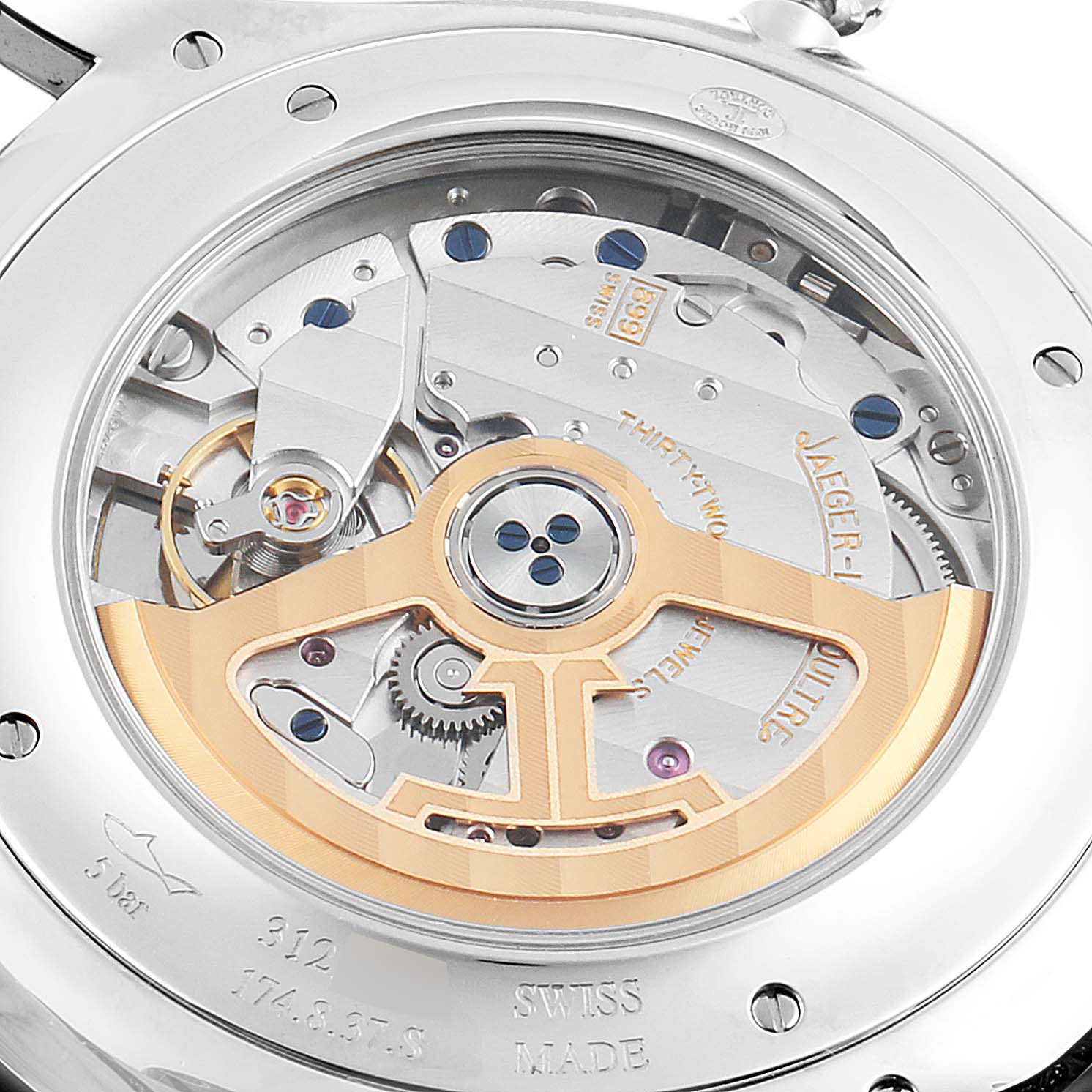 This image shows the back view of the Jaeger LeCoultre Master Q1288430 Men
s Stainless Steel Champagne Dial Q1288430 Men
s Stainless Steel Champagne Dial model, highlighting its intricate movement and internal mechanism.