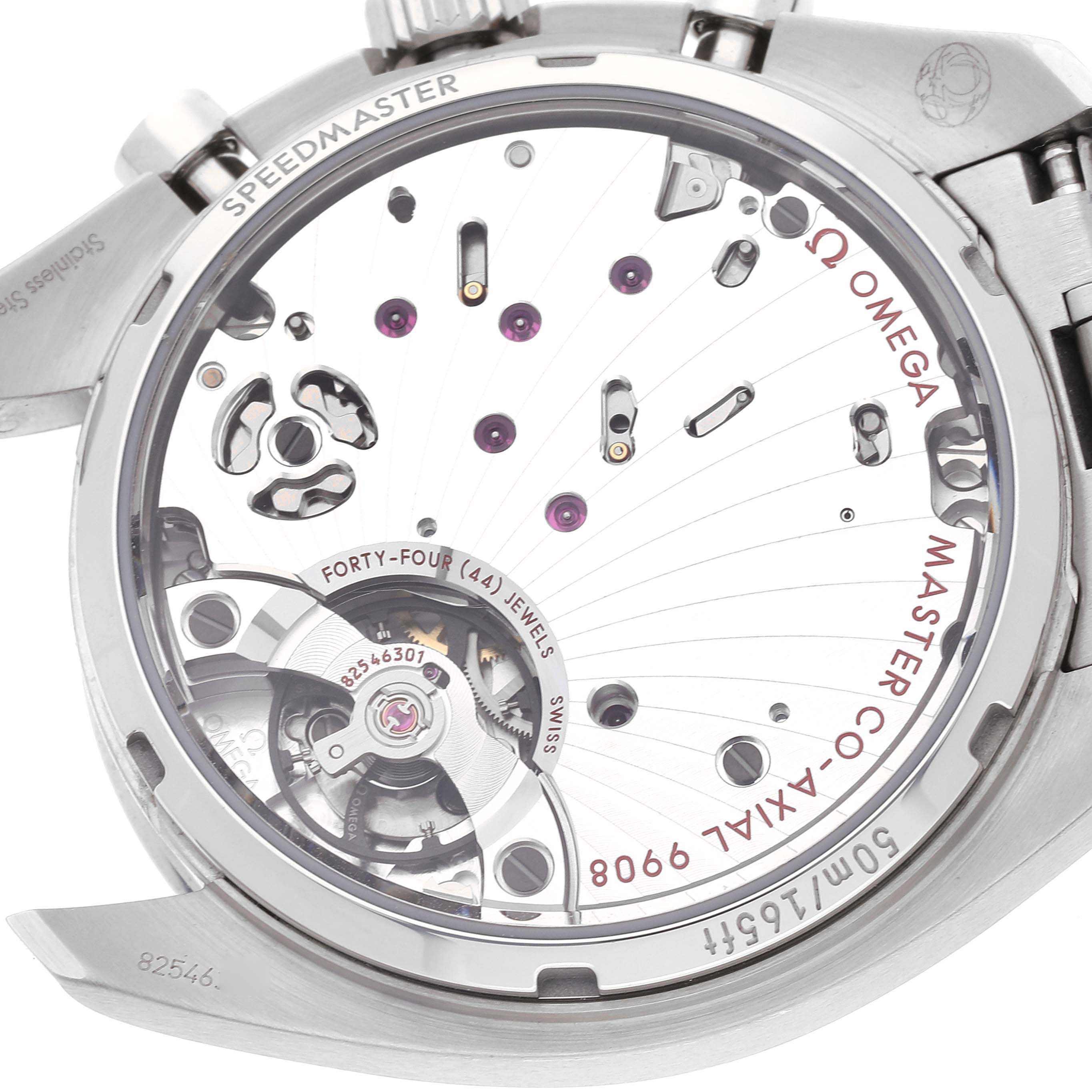 This image shows the caseback and intricate mechanics of an Omega Speedmaster 329.30.43.51.02.001 Men's Stainless Steel Silver Dial 329.30.43.51.02.001 Men's Stainless Steel Silver Dial watch.