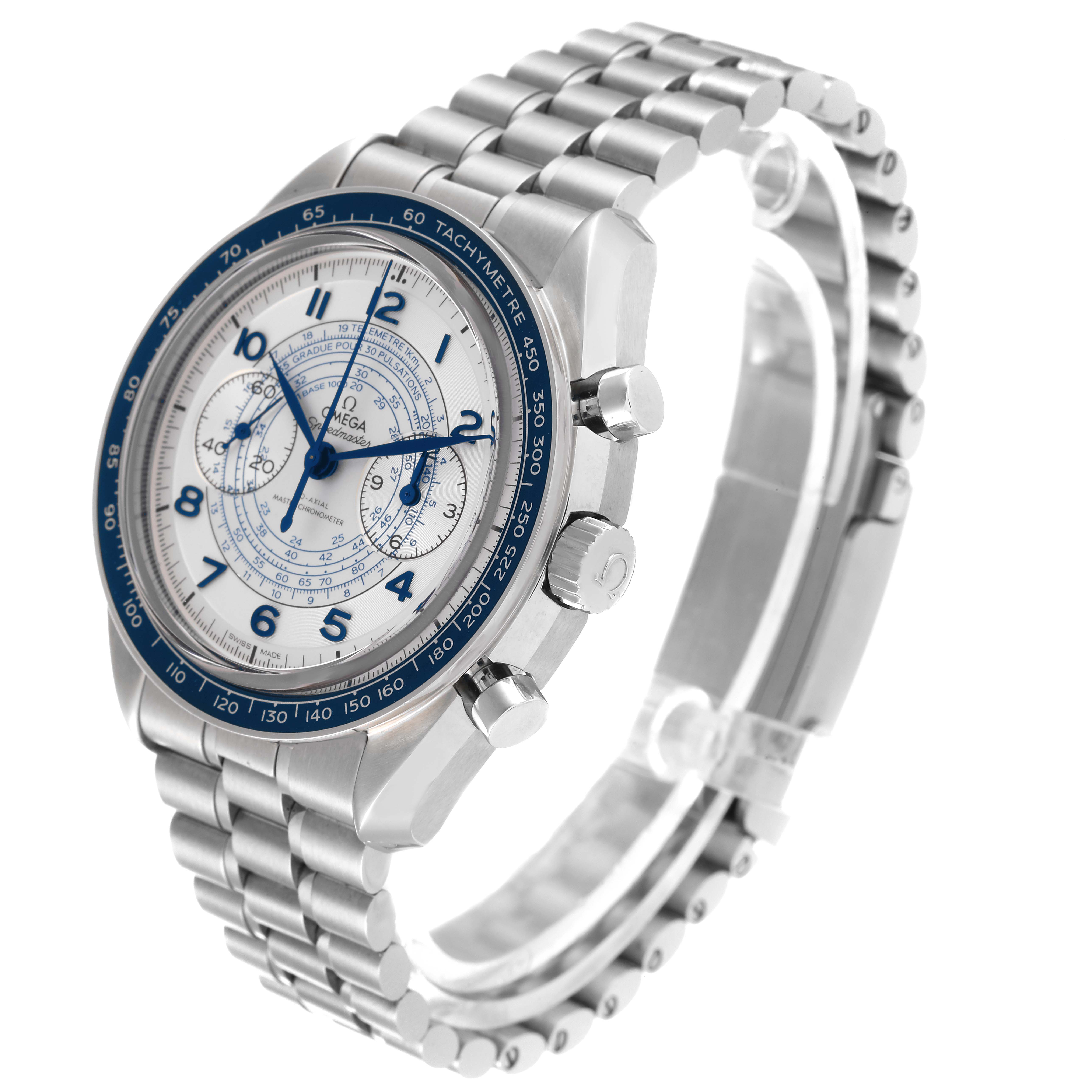 The Omega Speedmaster 329.30.43.51.02.001 Men's Stainless Steel Silver Dial 329.30.43.51.02.001 Men's Stainless Steel Silver Dial watch is shown at an angle focusing on the dial, bezel, and bracelet.