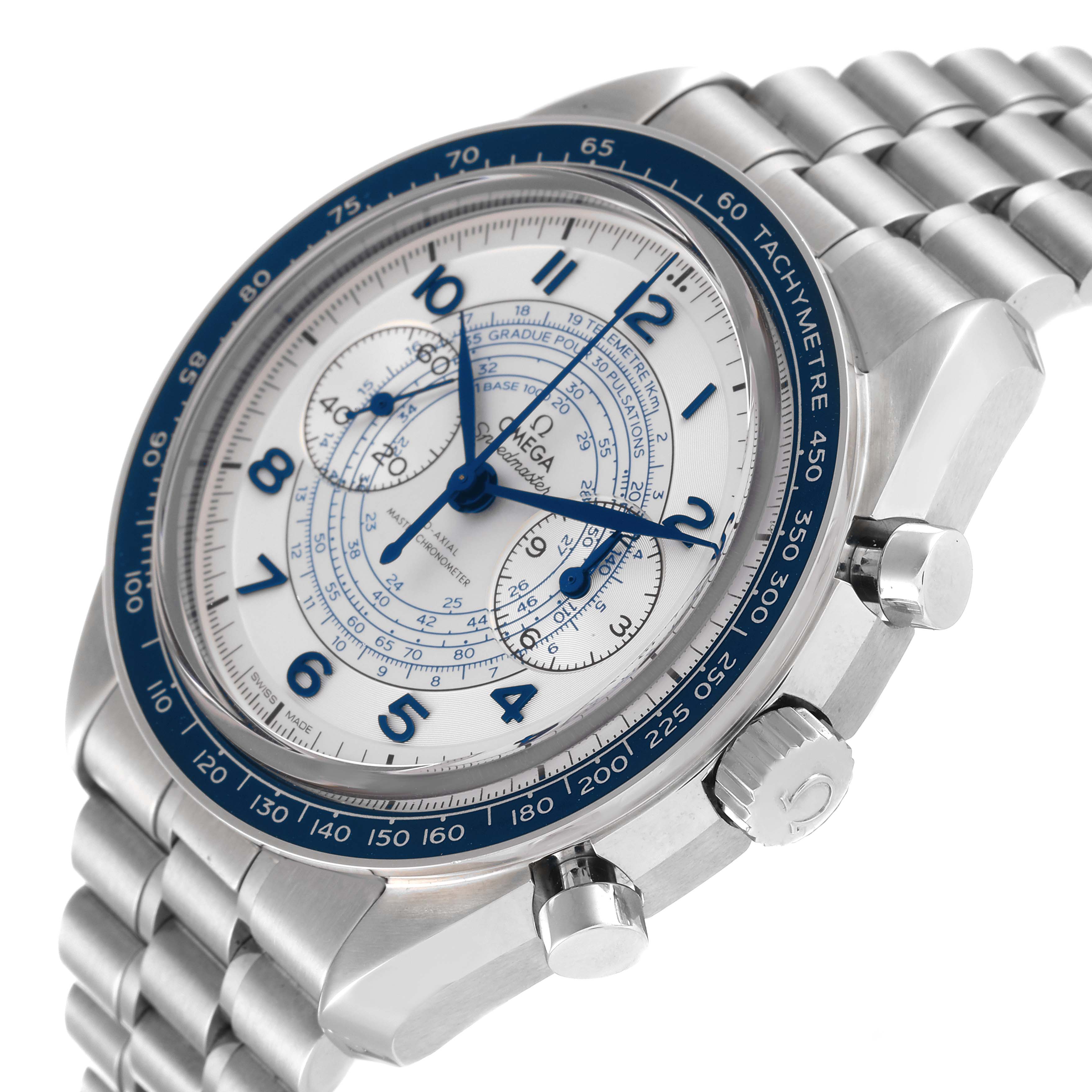 The image displays a side angle of the Omega Speedmaster 329.30.43.51.02.001 Men's Stainless Steel Silver Dial 329.30.43.51.02.001 Men's Stainless Steel Silver Dial watch, showing the face, bezel, buttons, and part of the bracelet.