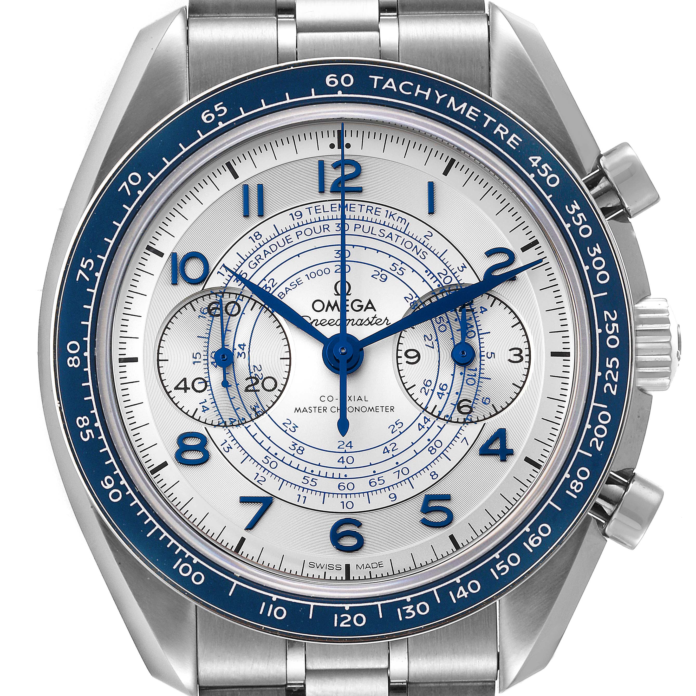 This image shows a close-up of the Omega Speedmaster 329.30.43.51.02.001 Men's Stainless Steel Silver Dial 329.30.43.51.02.001 Men's Stainless Steel Silver Dial watch face and part of its stainless steel bracelet, highlighting the dial and chronograph subdials.