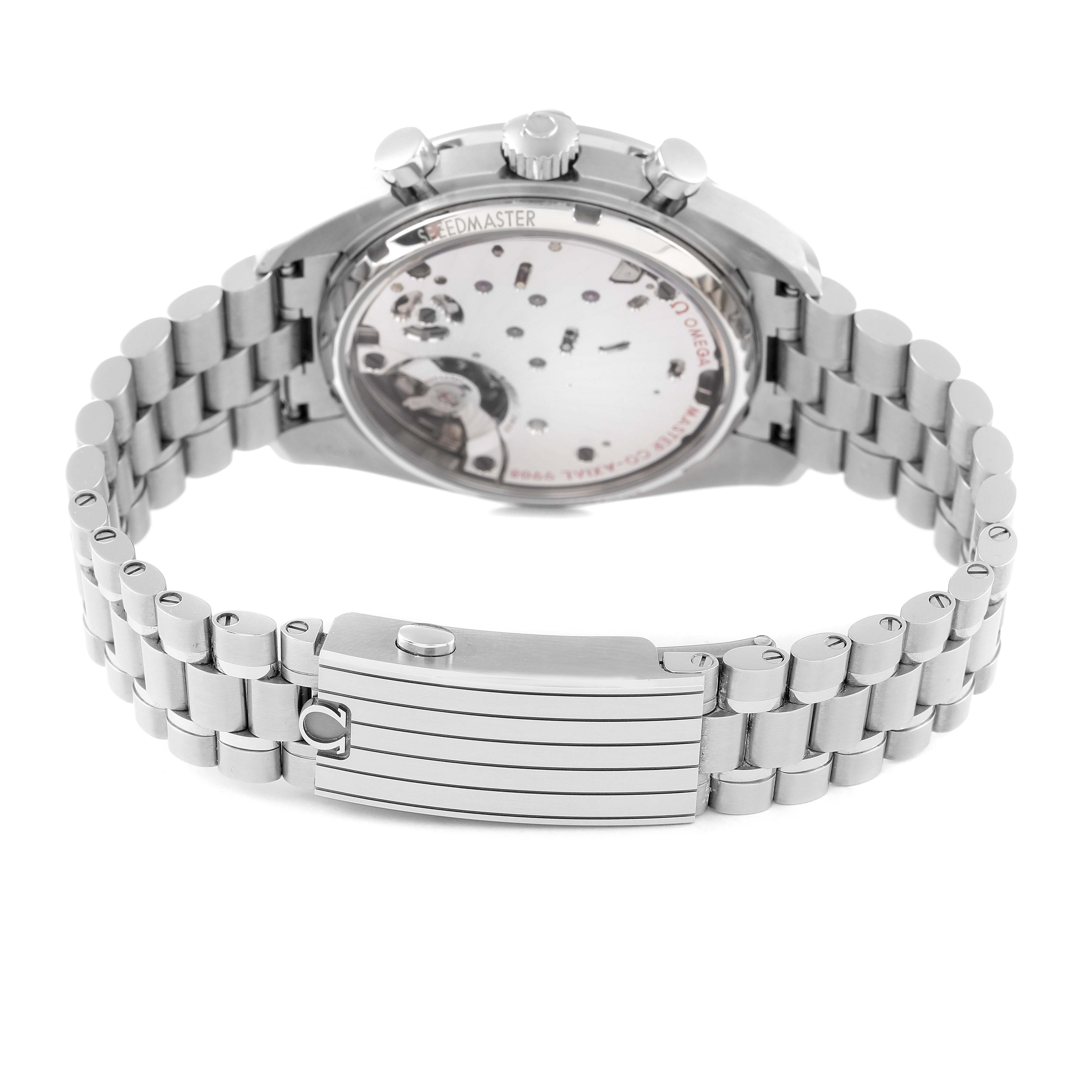 The image shows the back of an Omega Speedmaster 329.30.43.51.02.001 Men's Stainless Steel Silver Dial 329.30.43.51.02.001 Men's Stainless Steel Silver Dial watch, highlighting the transparent case back, metal bracelet, and clasp.