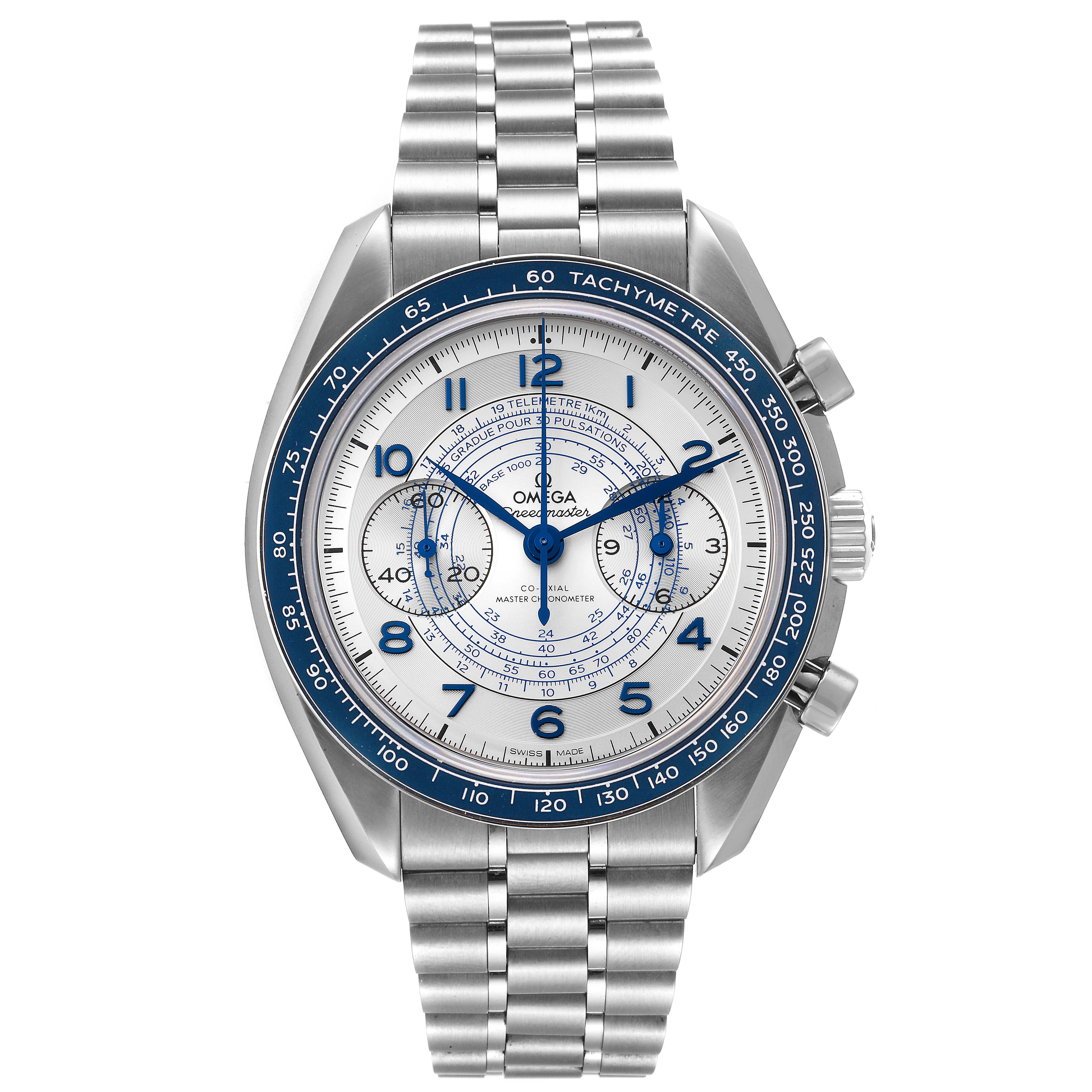 The image shows a front view of the Omega Speedmaster 329.30.43.51.02.001 Men's Stainless Steel Silver Dial 329.30.43.51.02.001 Men's Stainless Steel Silver Dial watch, highlighting its face, bezel, and metal bracelet.