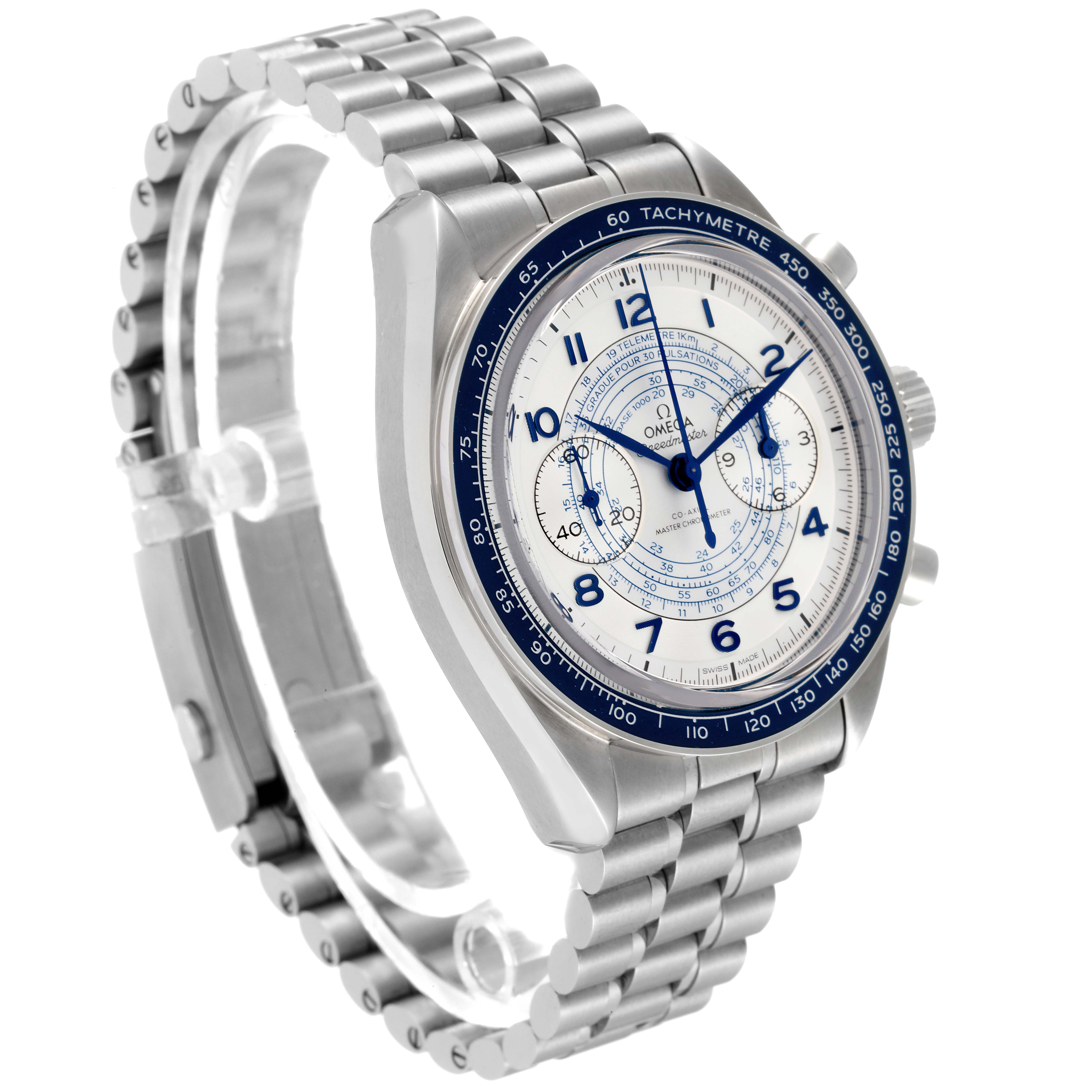 The Omega Speedmaster 329.30.43.51.02.001 Men's Stainless Steel Silver Dial 329.30.43.51.02.001 Men's Stainless Steel Silver Dial watch is shown at a three-quarter angle, displaying the face, case, bezel, and bracelet.