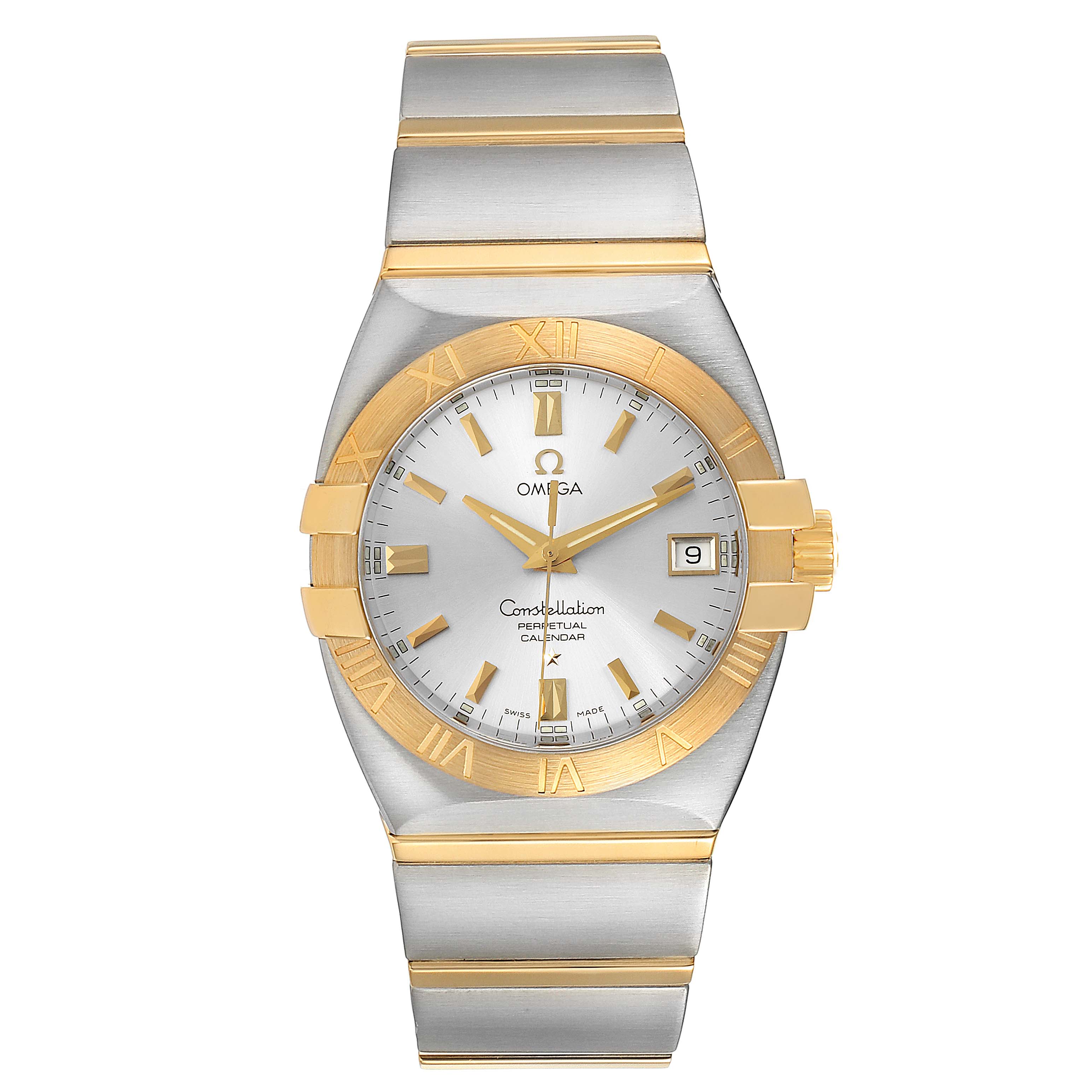 The image shows a front view of an Omega Constellation 1213.30.00 Men's Steel and Gold (two tone) Silver Dial 1213.30.00 Men's Steel and Gold (two tone) Silver Dial watch with a silver and gold-tone bracelet and bezel.