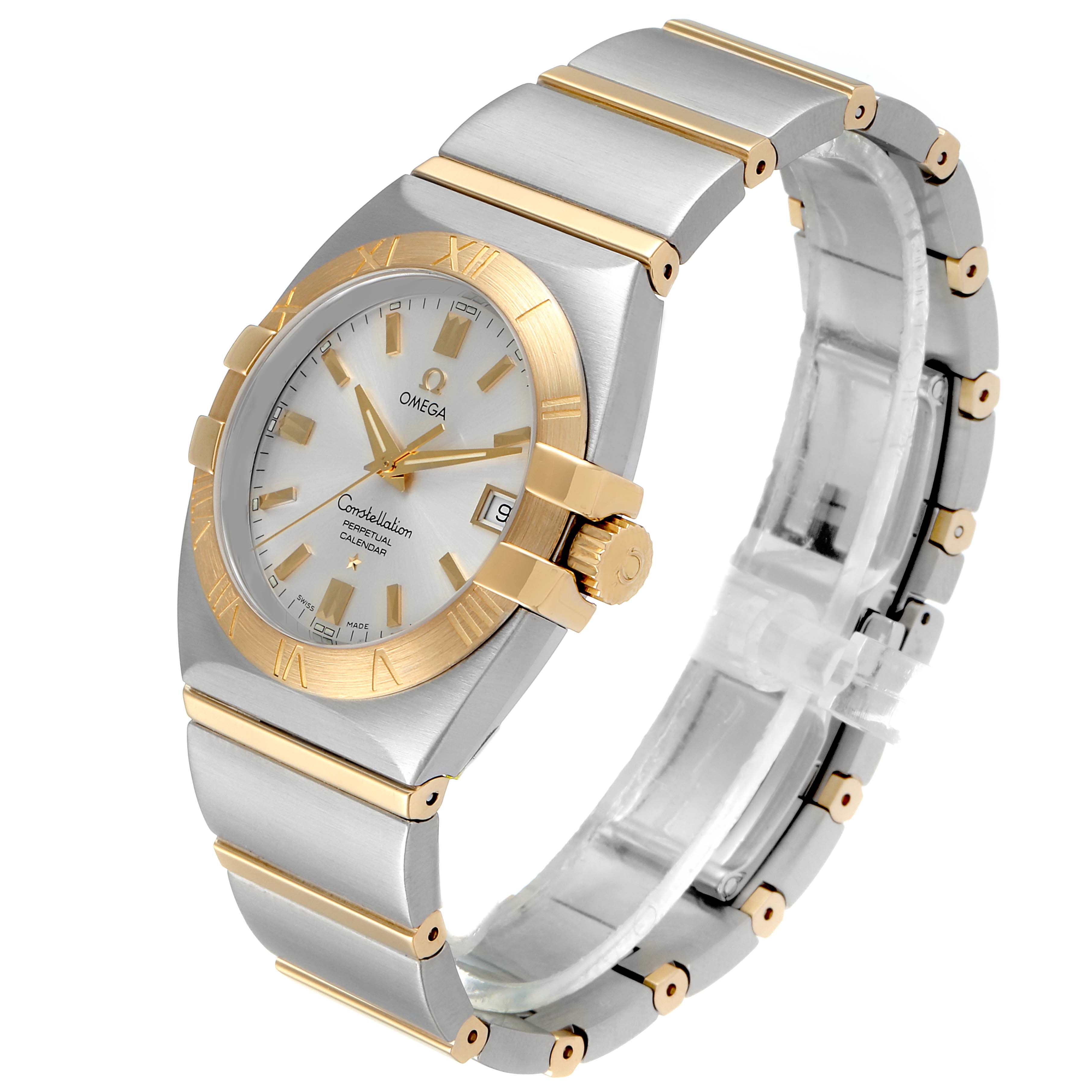 This is an angled view of an Omega Constellation 1213.30.00 Men's Steel and Gold (two tone) Silver Dial 1213.30.00 Men's Steel and Gold (two tone) Silver Dial watch, showing the face, bezel, crown, and part of the bracelet.