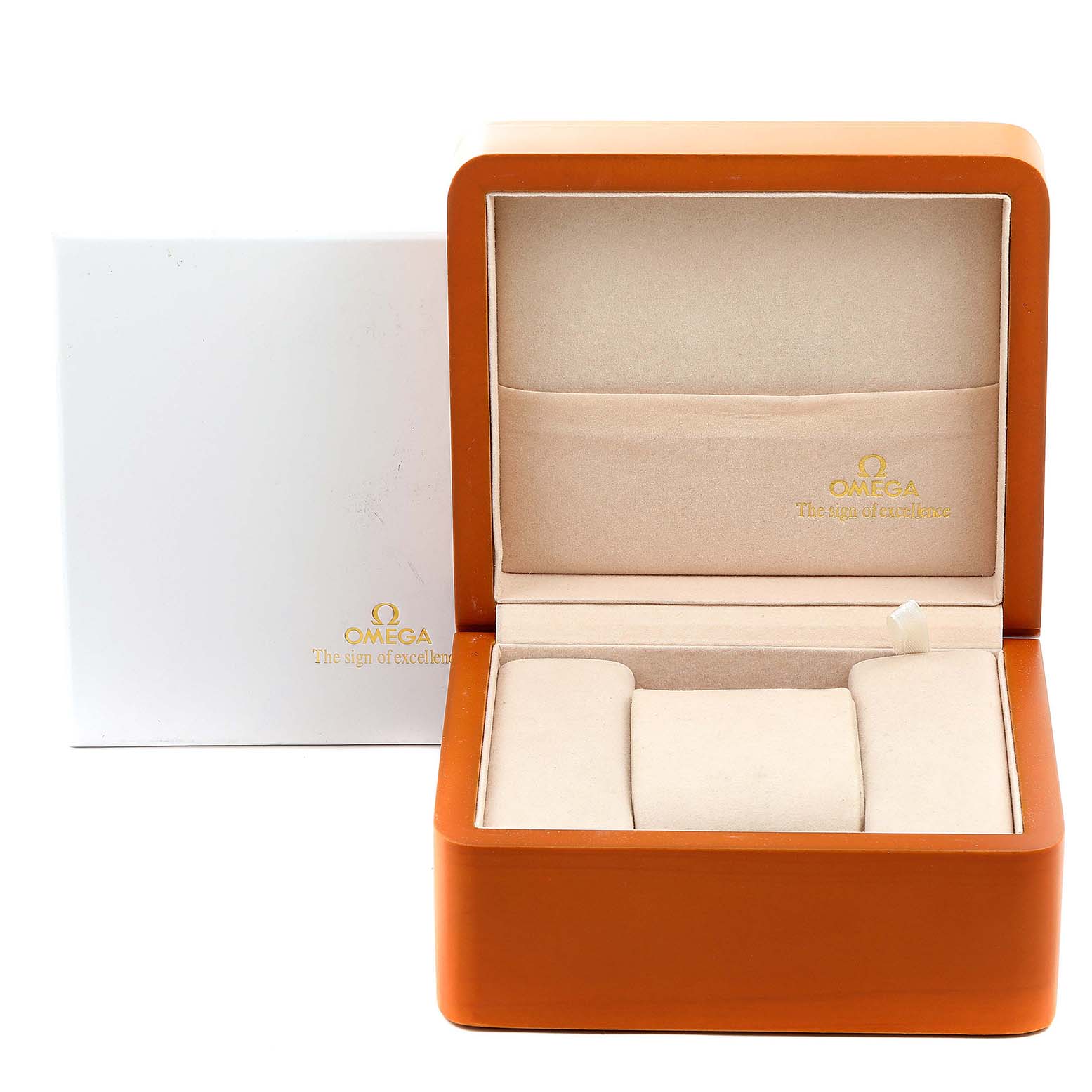 The image shows an open Omega Constellation 1213.30.00 Men's Steel and Gold (two tone) Silver Dial 1213.30.00 Men's Steel and Gold (two tone) Silver Dial watch box in a brown and beige color scheme, viewed from the front.