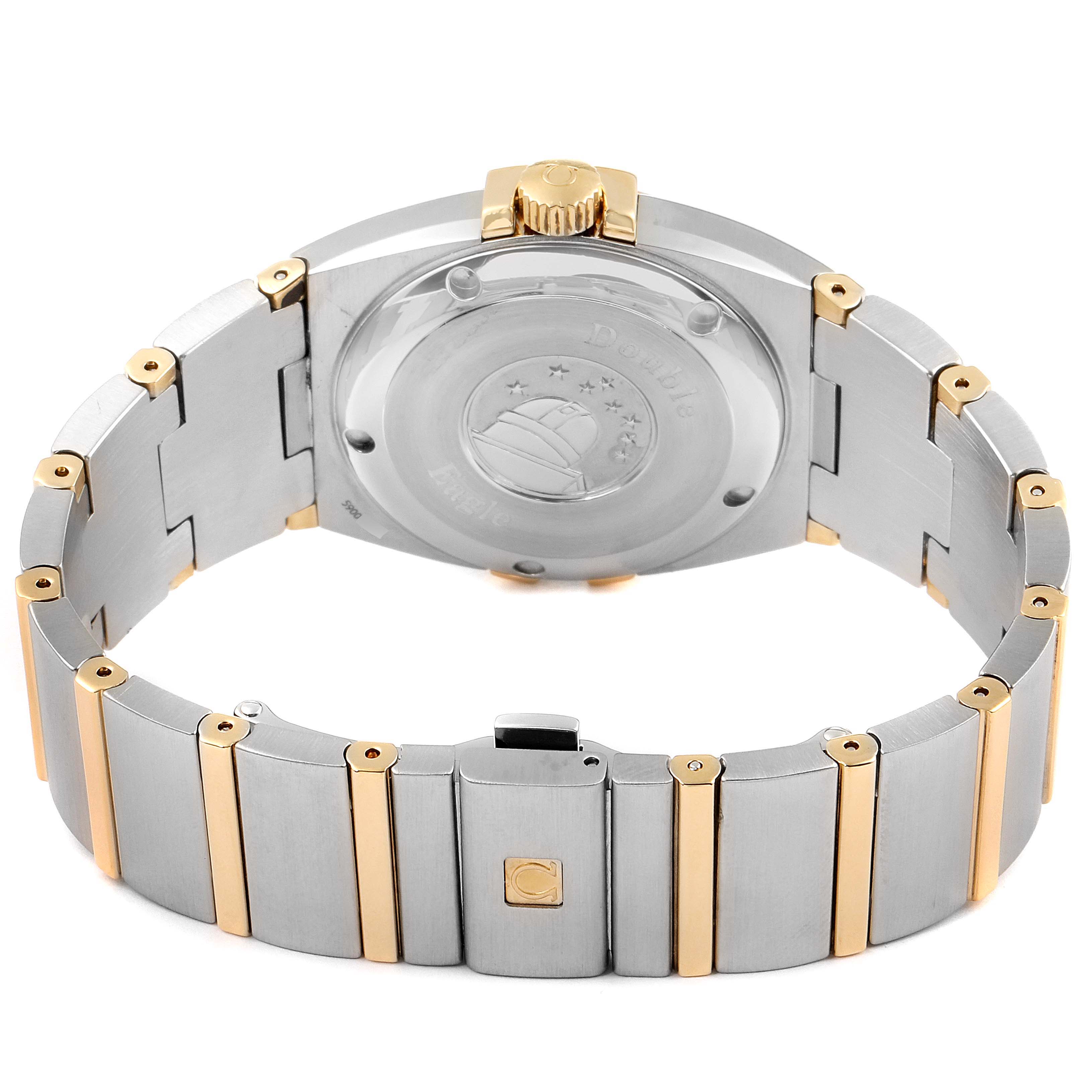 The image shows the back and bracelet of the Omega Constellation 1213.30.00 Men's Steel and Gold (two tone) Silver Dial 1213.30.00 Men's Steel and Gold (two tone) Silver Dial watch, highlighting the case back, crown, and two-tone bracelet.