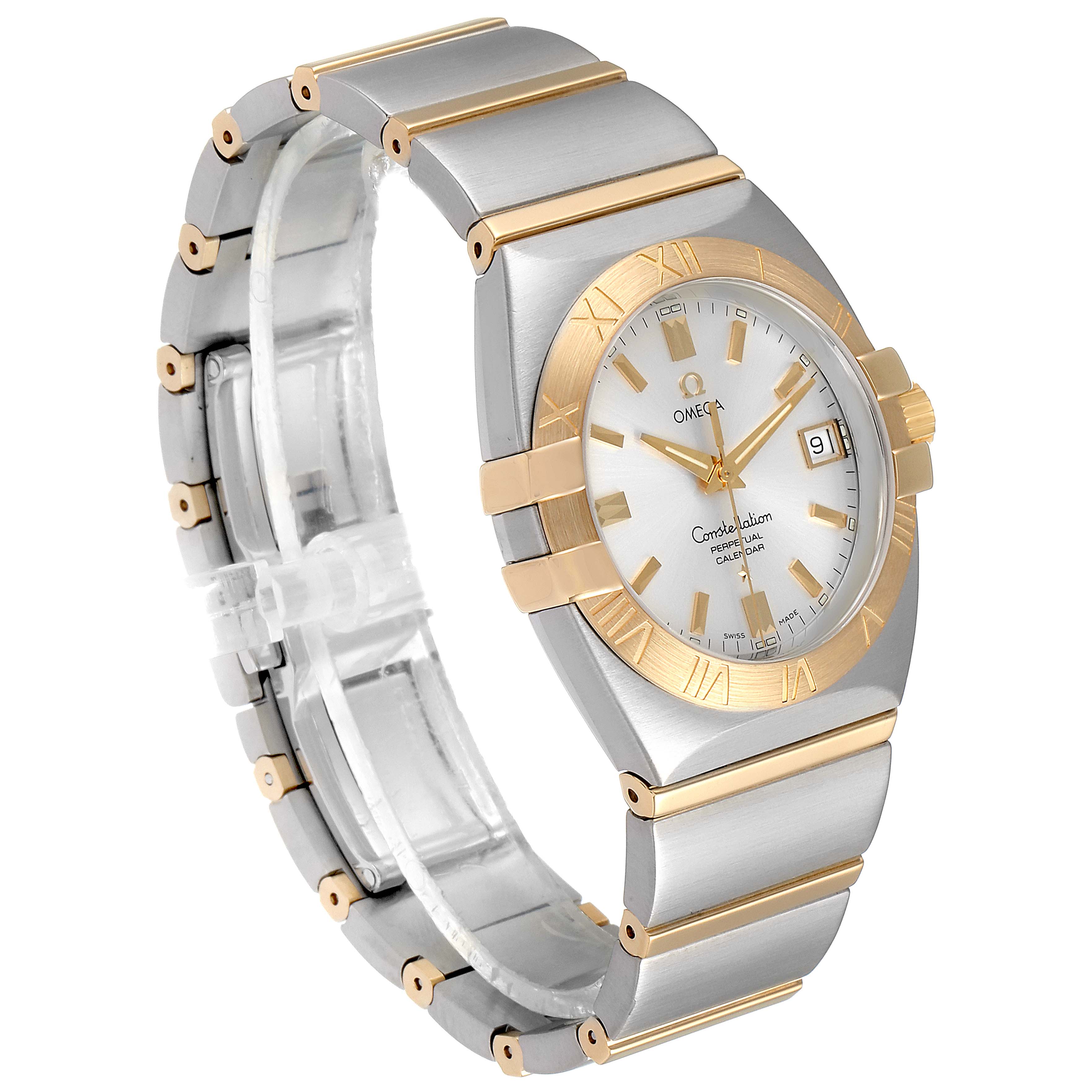 The Omega Constellation 1213.30.00 Men's Steel and Gold (two tone) Silver Dial 1213.30.00 Men's Steel and Gold (two tone) Silver Dial watch is shown at an angle highlighting the face, bezel, and bracelet.