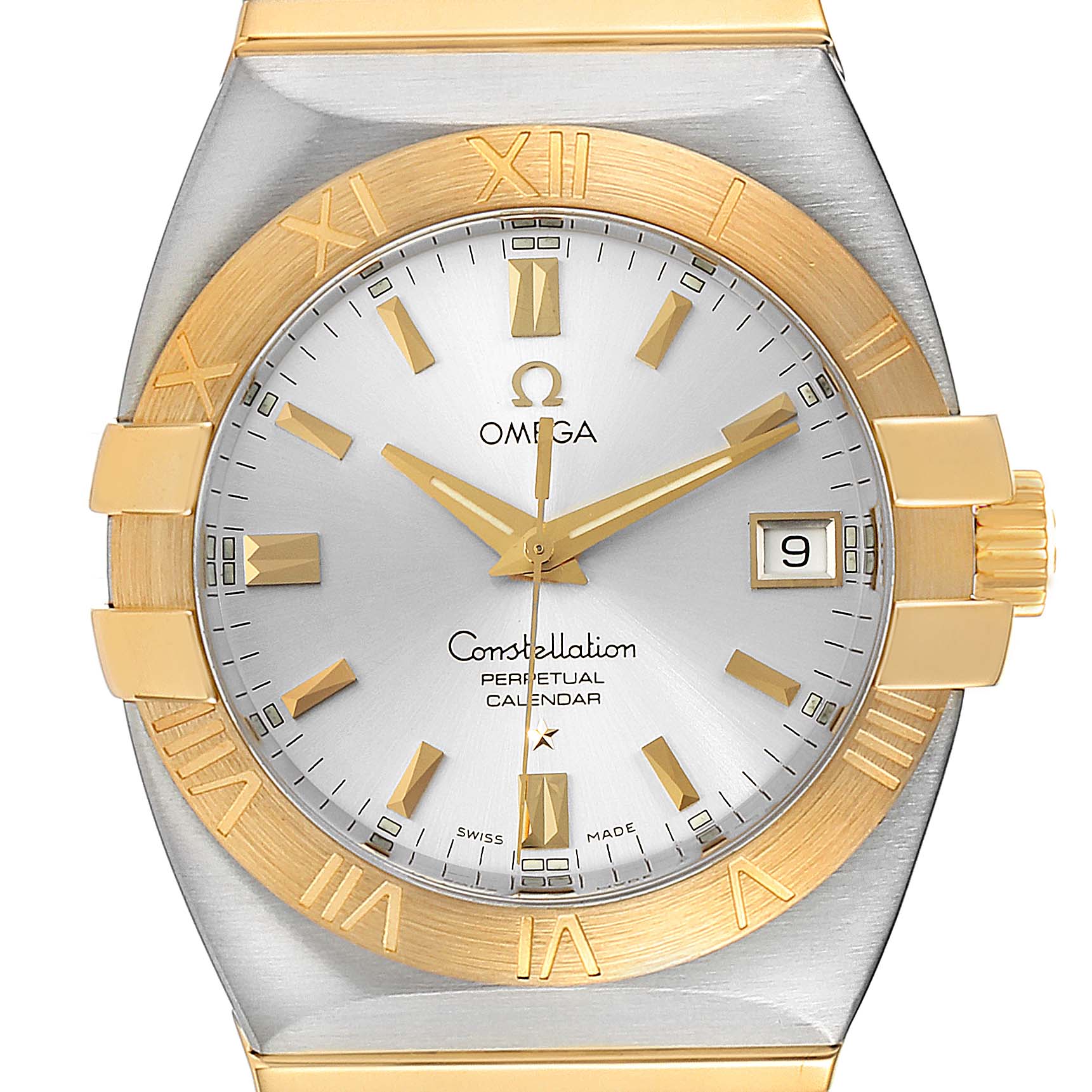 The Omega Constellation 1213.30.00 Men's Steel and Gold (two tone) Silver Dial 1213.30.00 Men's Steel and Gold (two tone) Silver Dial watch is shown from a front angle, displaying the dial, bezel, hour markers, hands, and date window.