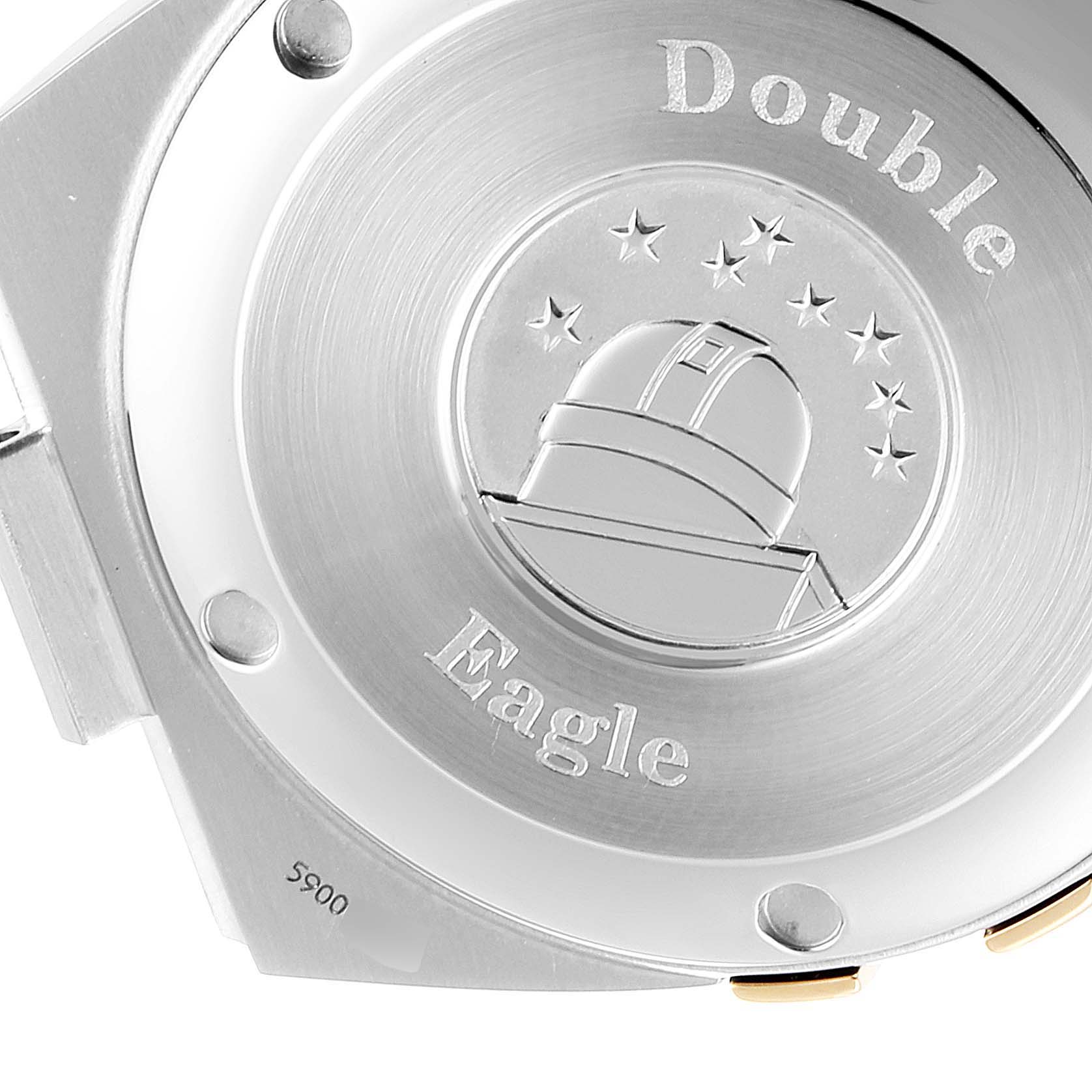 This image shows the back case of the Omega Constellation 1213.30.00 Men's Steel and Gold (two tone) Silver Dial 1213.30.00 Men's Steel and Gold (two tone) Silver Dial Double Eagle watch.