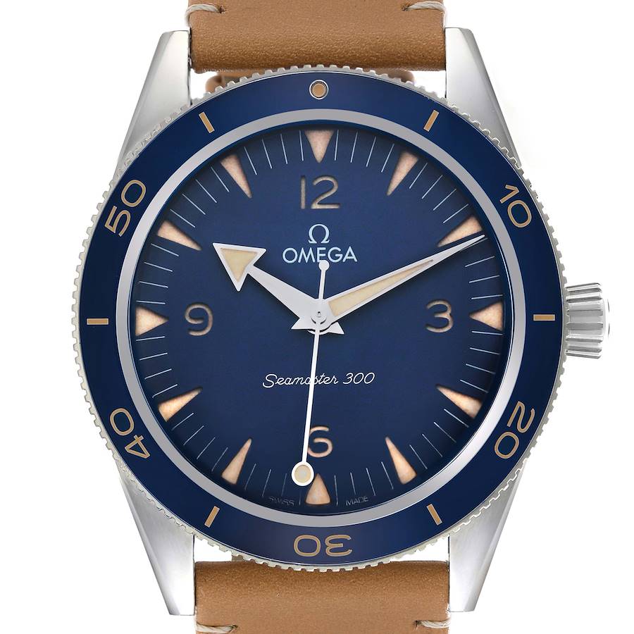 The image shows a full frontal view of an Omega Seamaster 234.32.41.21.03.001 Men's Stainless Steel Blue Dial 300 watch, displaying its dial, bezel, and part of the strap.