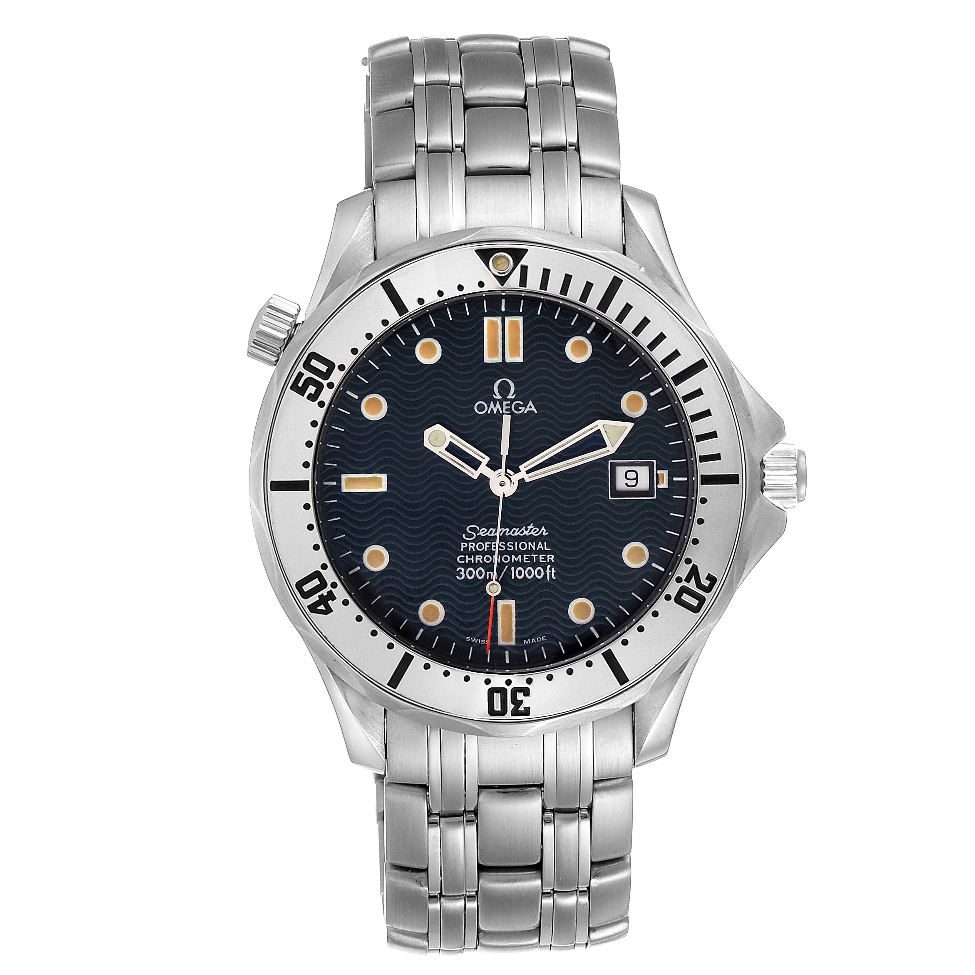 The image shows a frontal view of the Omega Seamaster 2532.80.00 Men
s Stainless Steel Blue Dial 2532.80.00 Men
s Stainless Steel Blue Dial watch, displaying the dial, bezel, and bracelet.
