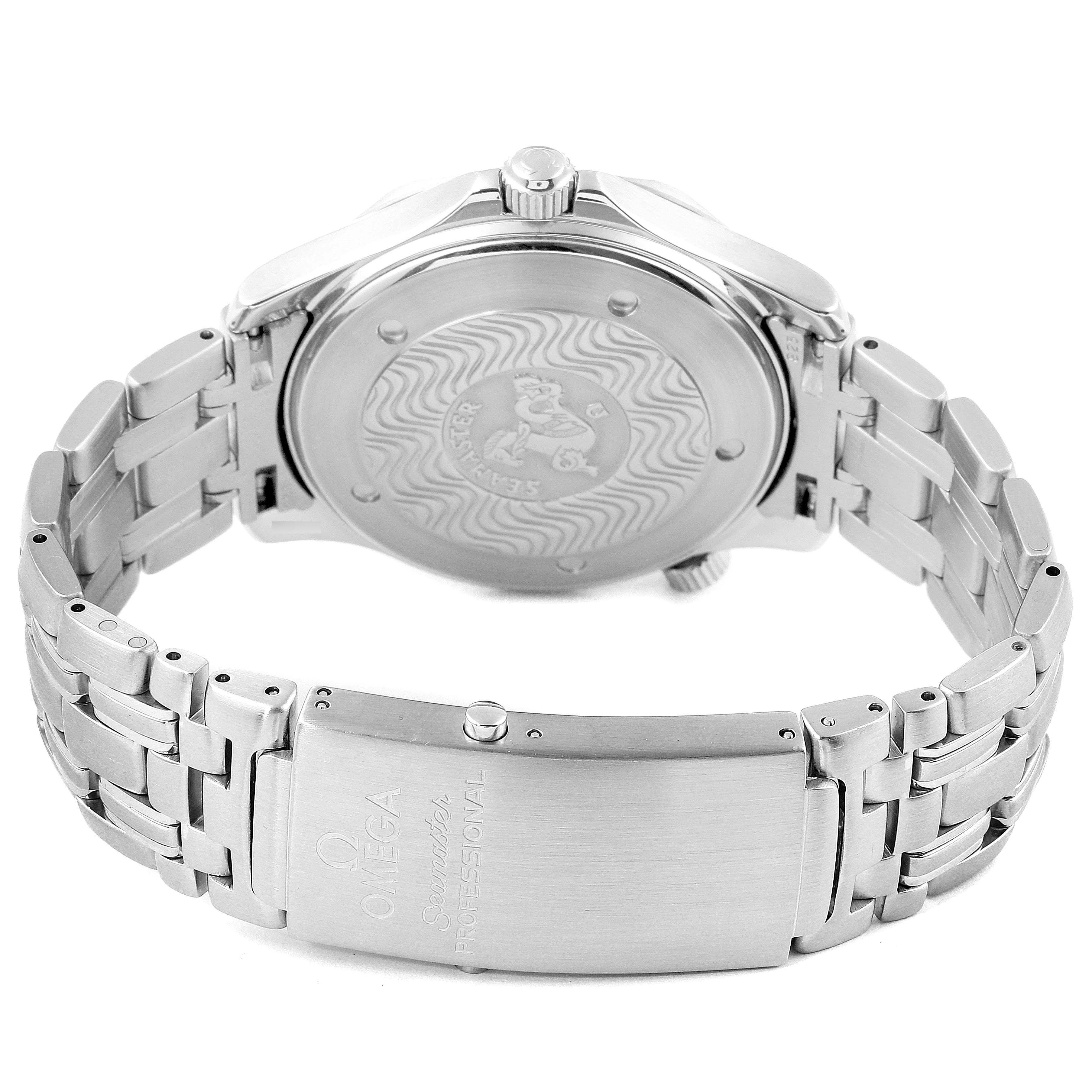 The image shows the back of an Omega Seamaster 2532.80.00 Men
s Stainless Steel Blue Dial 2532.80.00 Men
s Stainless Steel Blue Dial watch, highlighting the case back, bracelet, and clasp with engraved details.