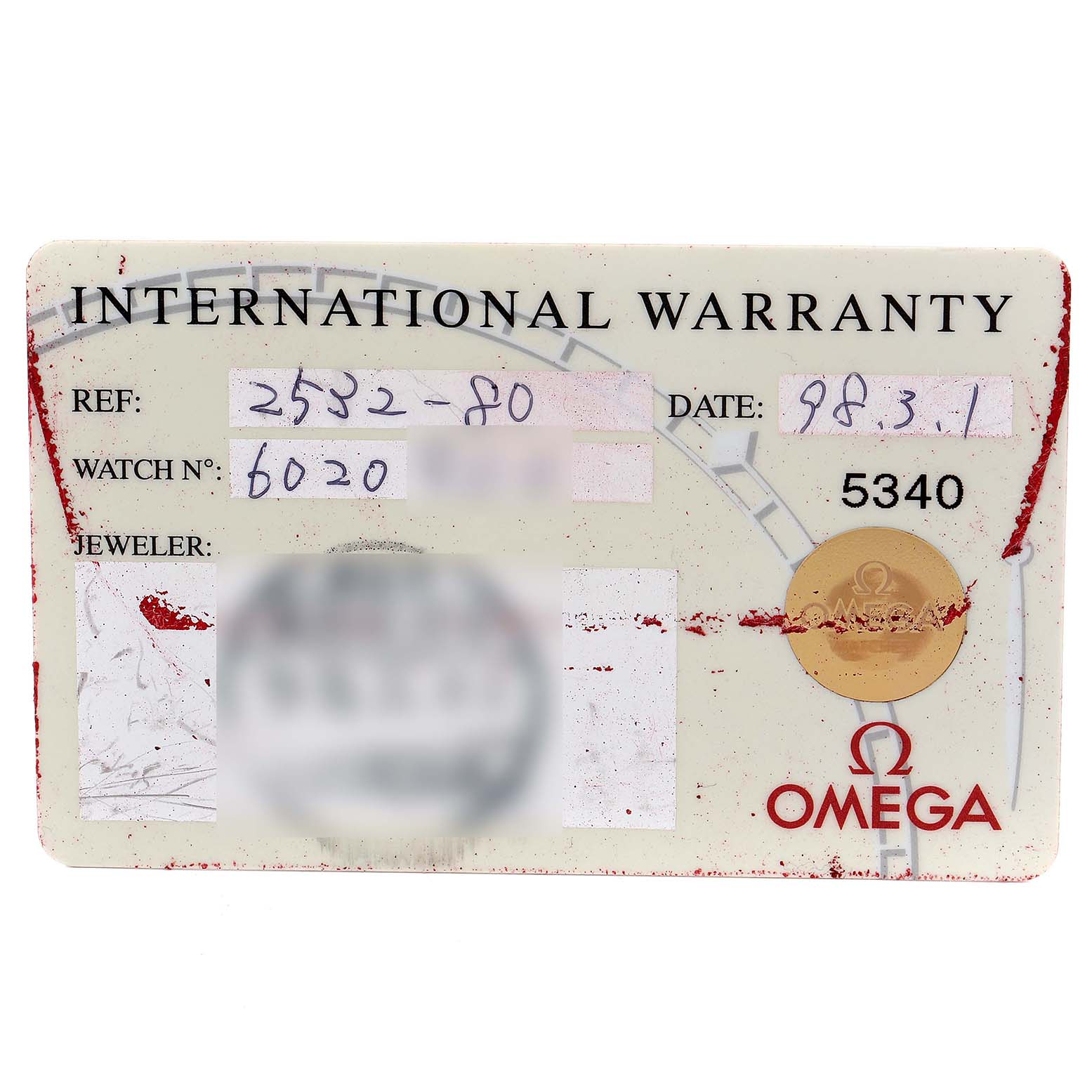 This image shows the International Warranty card for an Omega Seamaster 2532.80.00 Men
s Stainless Steel Blue Dial 2532.80.00 Men
s Stainless Steel Blue Dial watch.