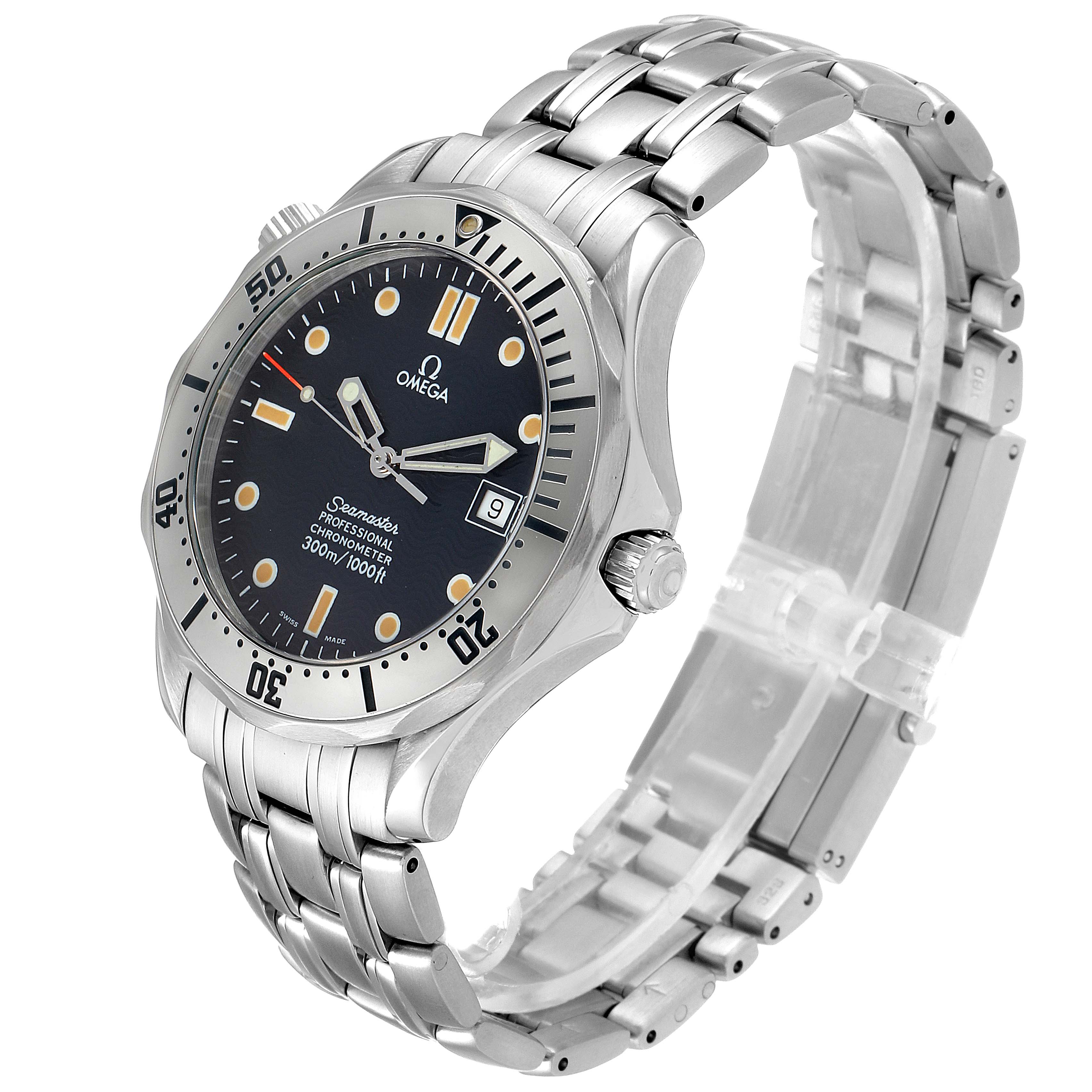 The Omega Seamaster 2532.80.00 Men
s Stainless Steel Blue Dial 2532.80.00 Men
s Stainless Steel Blue Dial watch is shown at a slight angle displaying its face, bezel, crown, and metal bracelet.